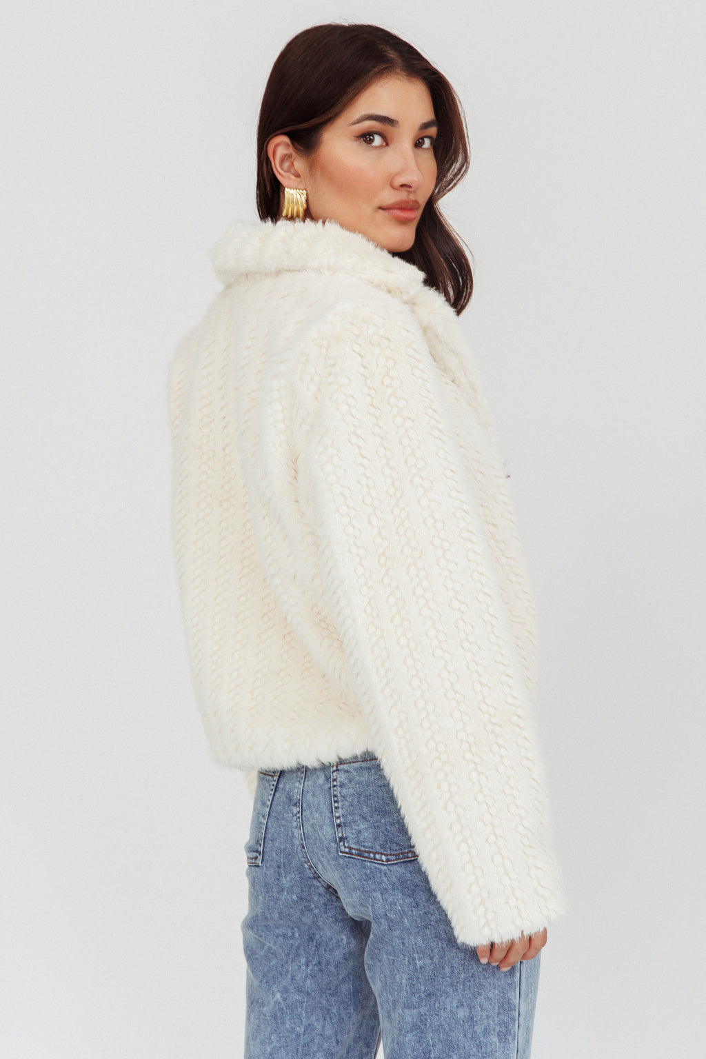 Savelle Notch Lapel Faux Fur Jacket Cream by Selfie Leslie