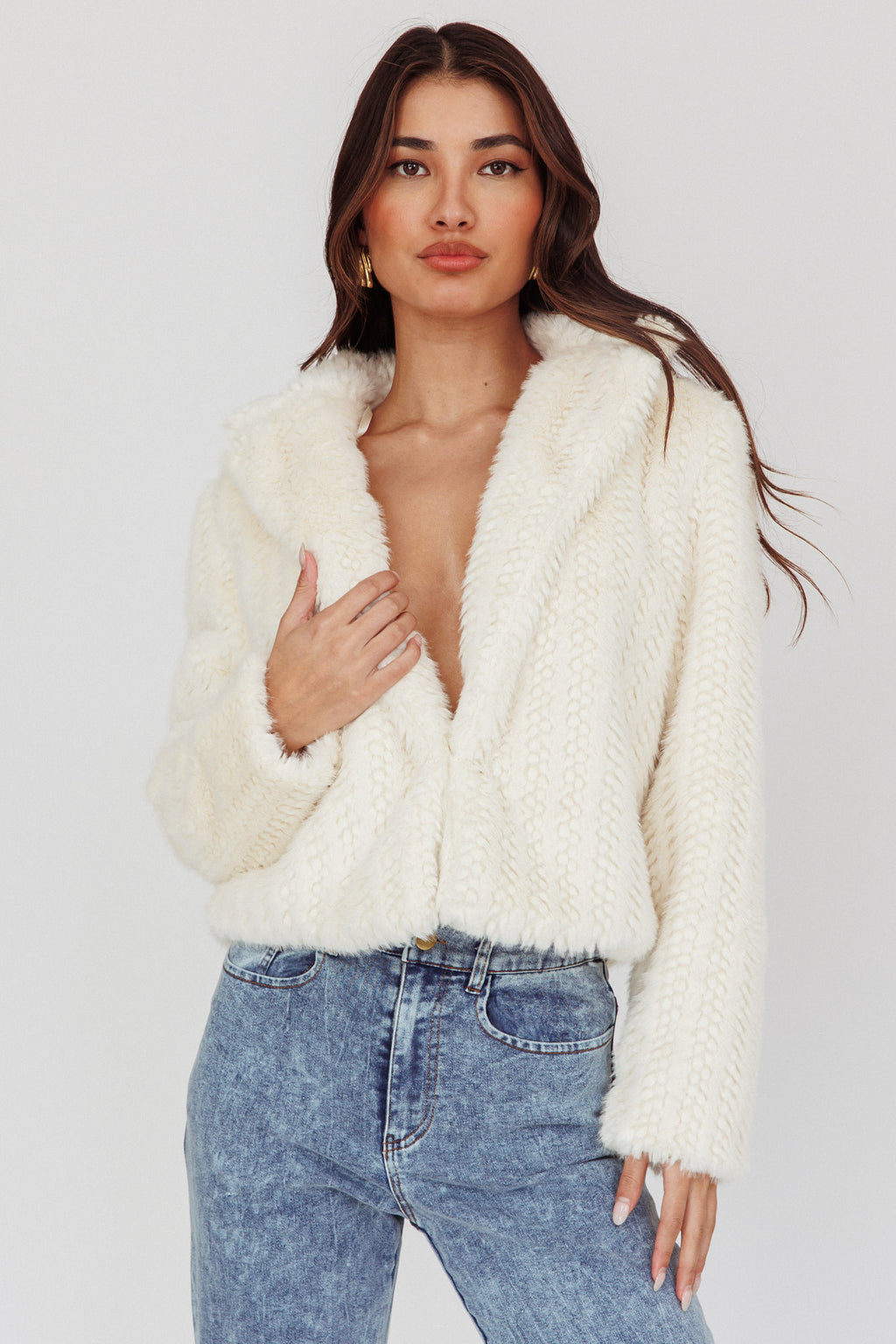 Savelle Notch Lapel Faux Fur Jacket Cream by Selfie Leslie