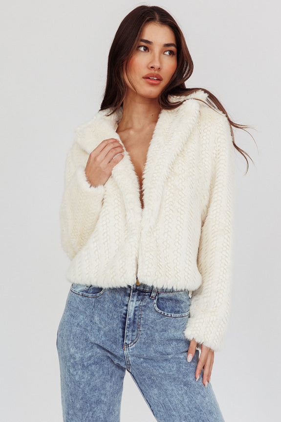 Tahoe Faux Fur Notch Lapel Coat Cream White