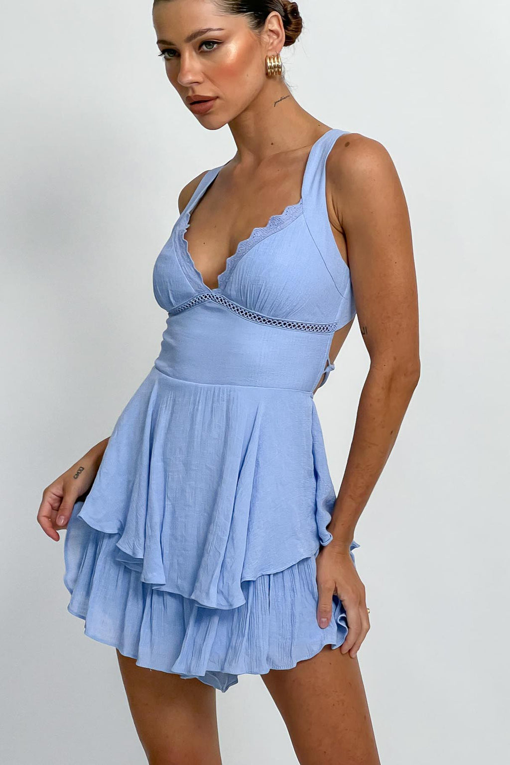Hard To Catch Lace-Up Back Romper Blue by Selfie Leslie