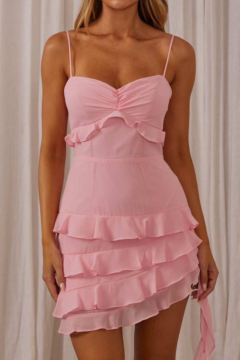 Thelma Pink Ruffled Hem Slit Mini Dress