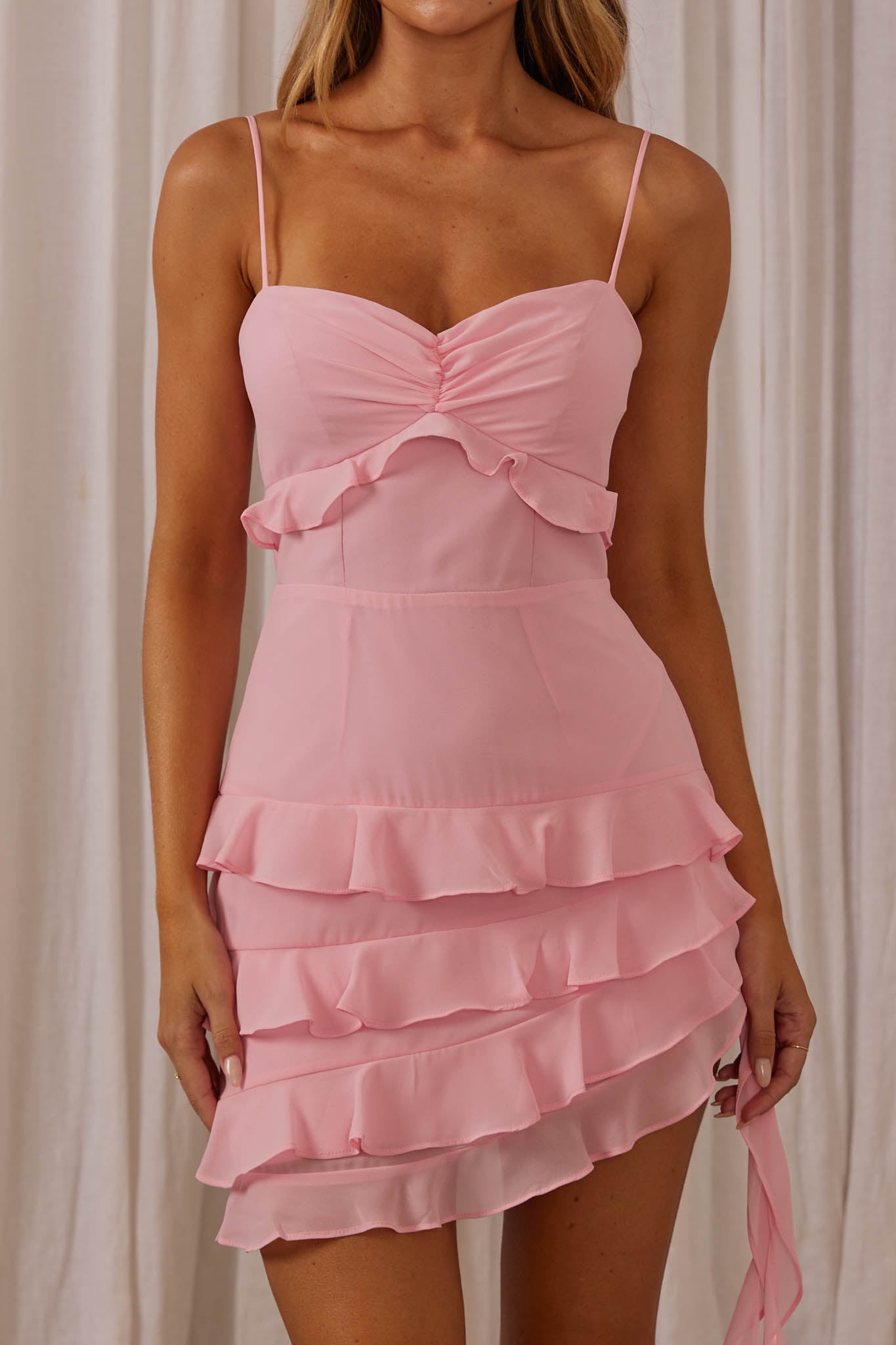 Shop the Swooning Ruffle Trim Mini Dress Pink