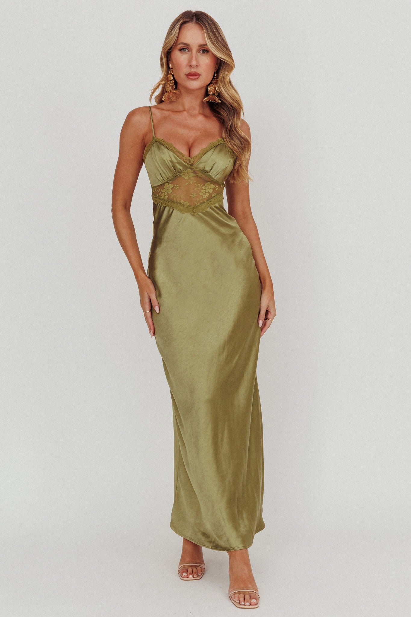 Her theory Lace Trim Maxi Dress Olive by Selfie Leslie