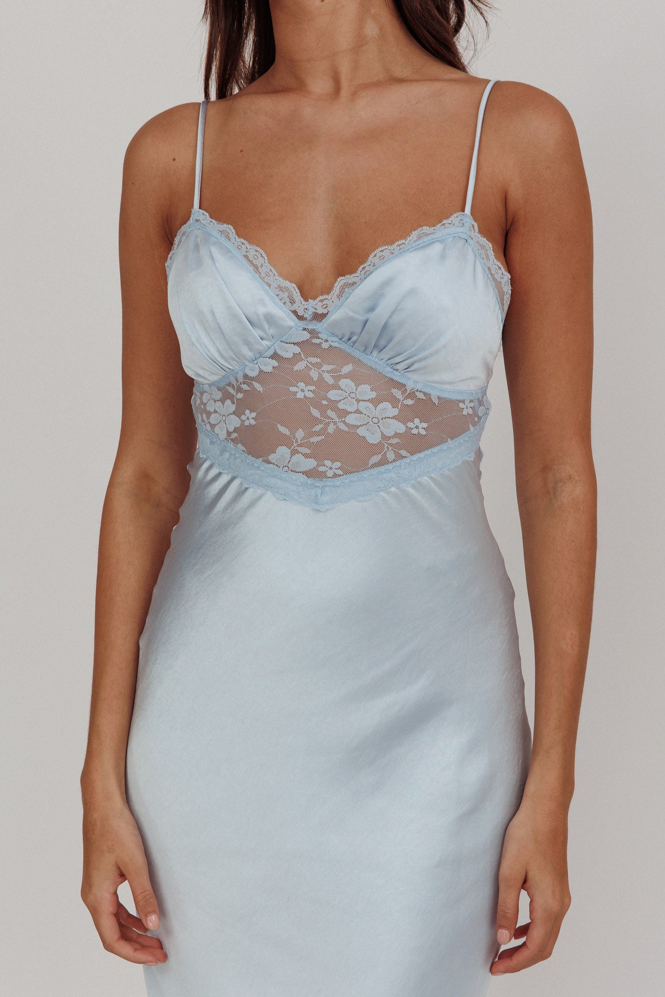 Shop the Her theory Lace Trim Maxi Dress Steel Blue