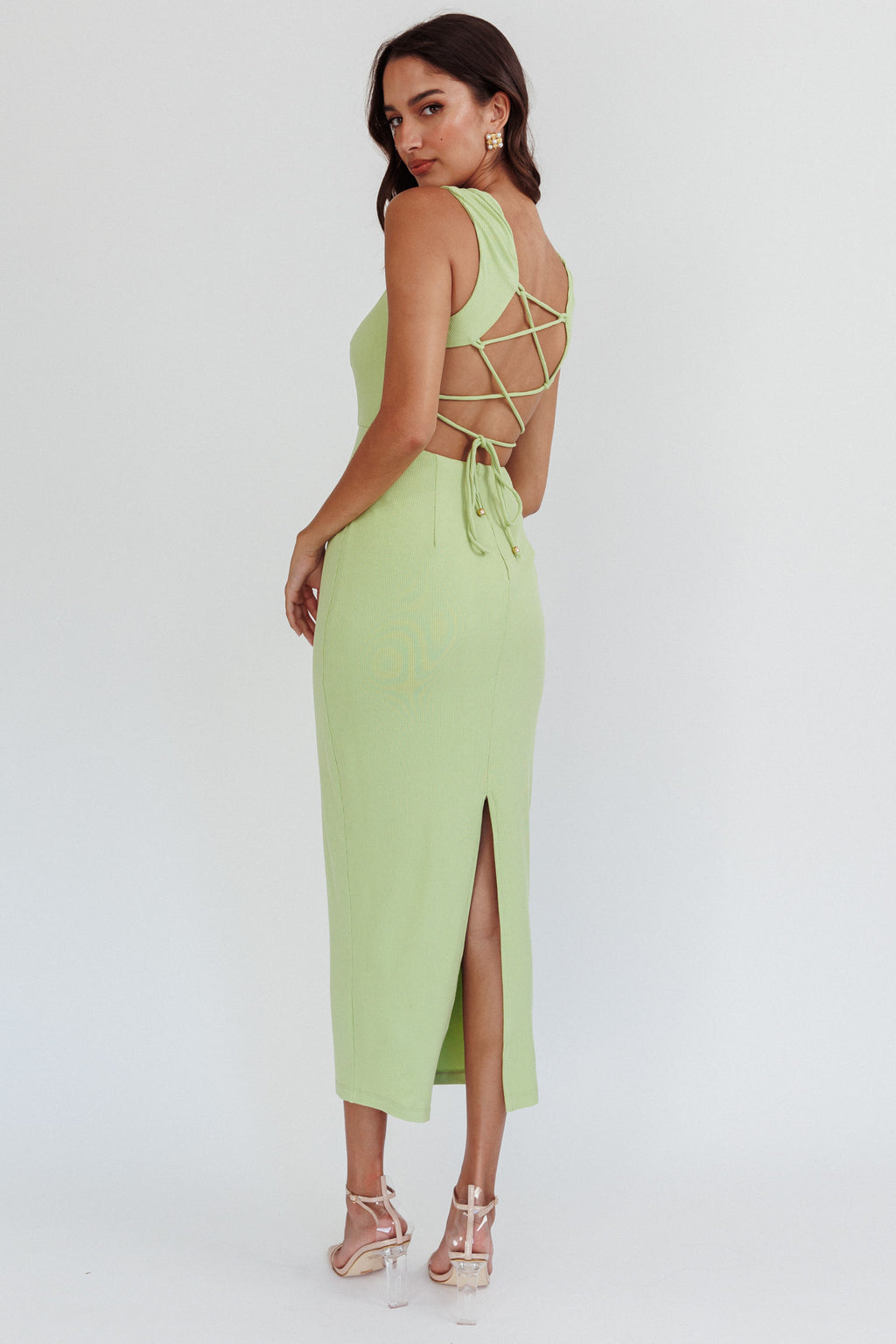 Jennine Lace-Up Back Midi Dress Matcha by Selfie Leslie