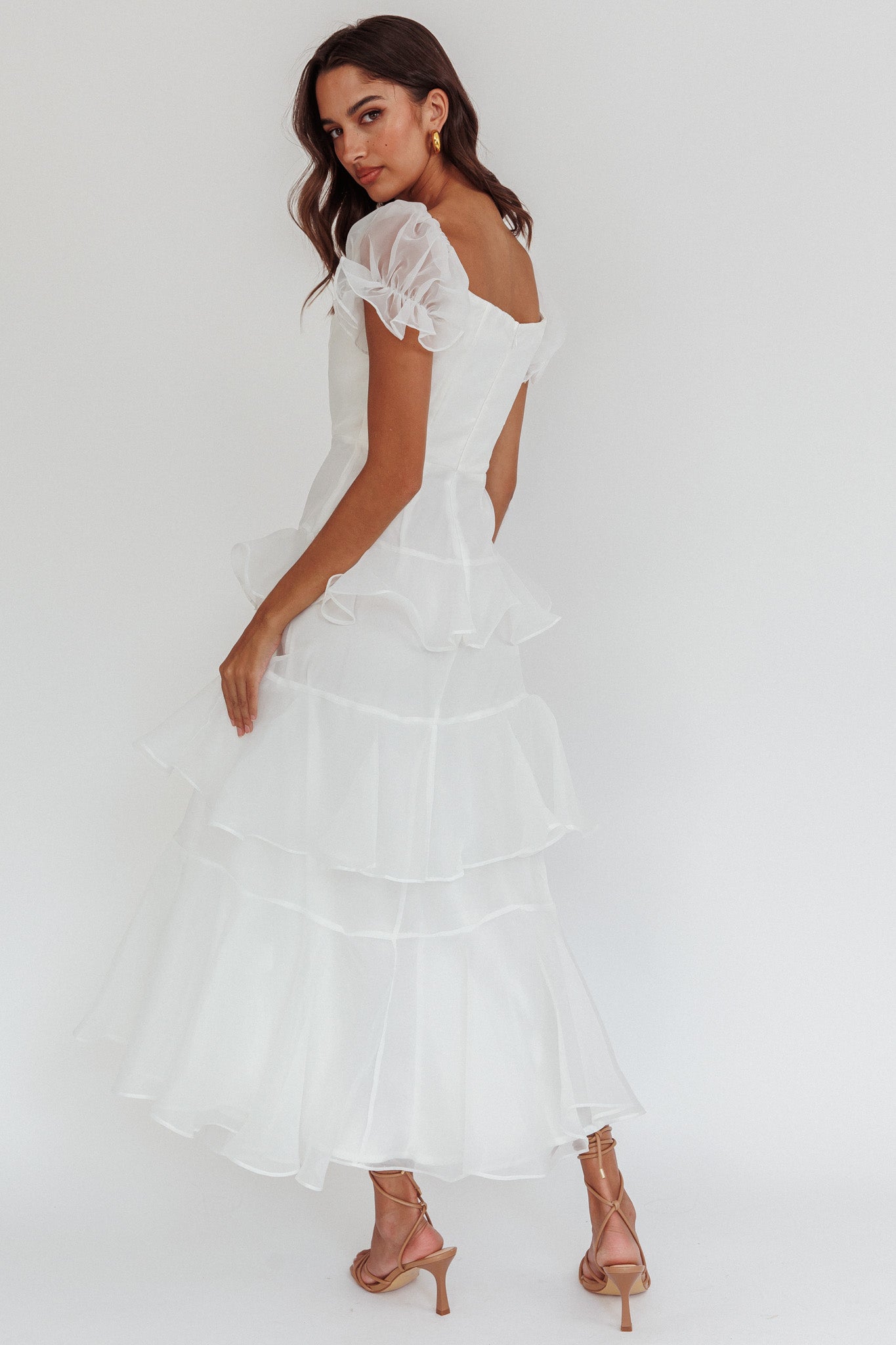 Delwynn Puff Sleeve Layered Midi Dress White Delwynn Puff Sleeve Layered Midi Dress White