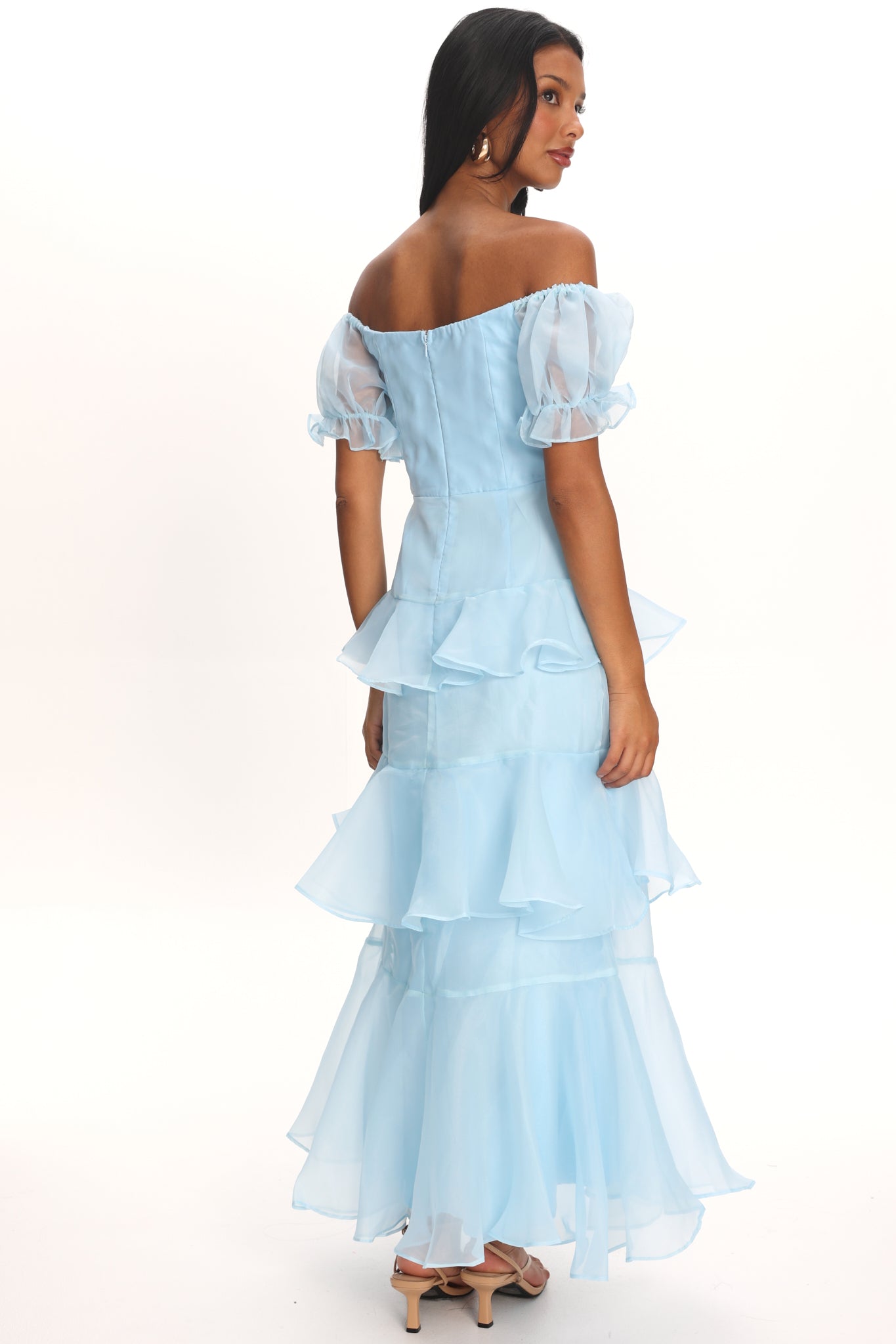 Delwynn Puff Sleeve Layered Midi Dress Blue