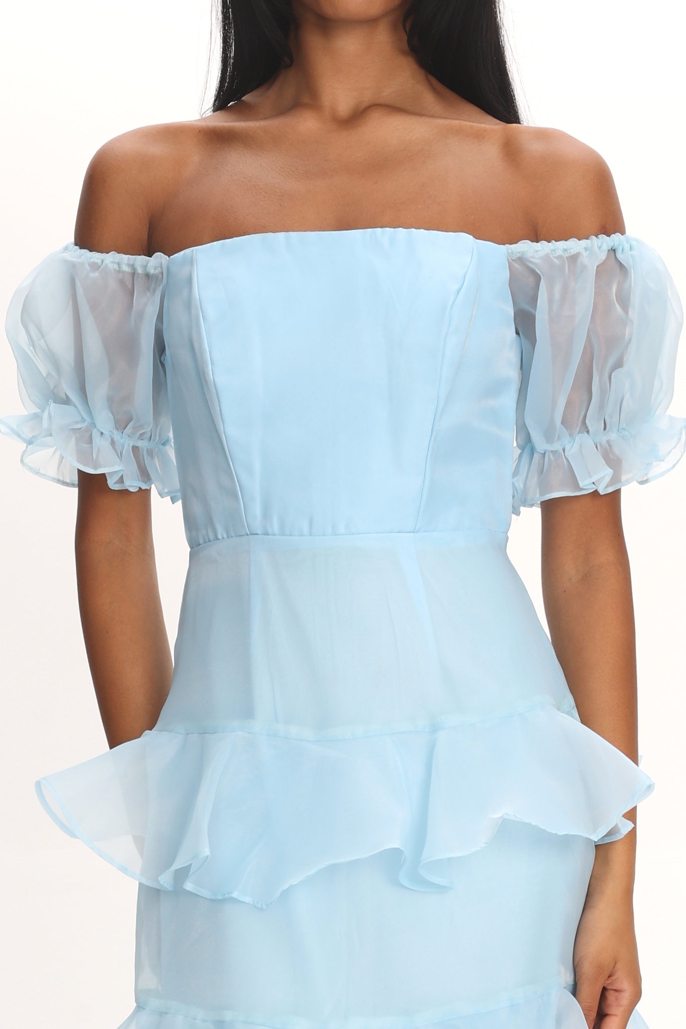 Delwynn Puff Sleeve Layered Midi Dress Blue