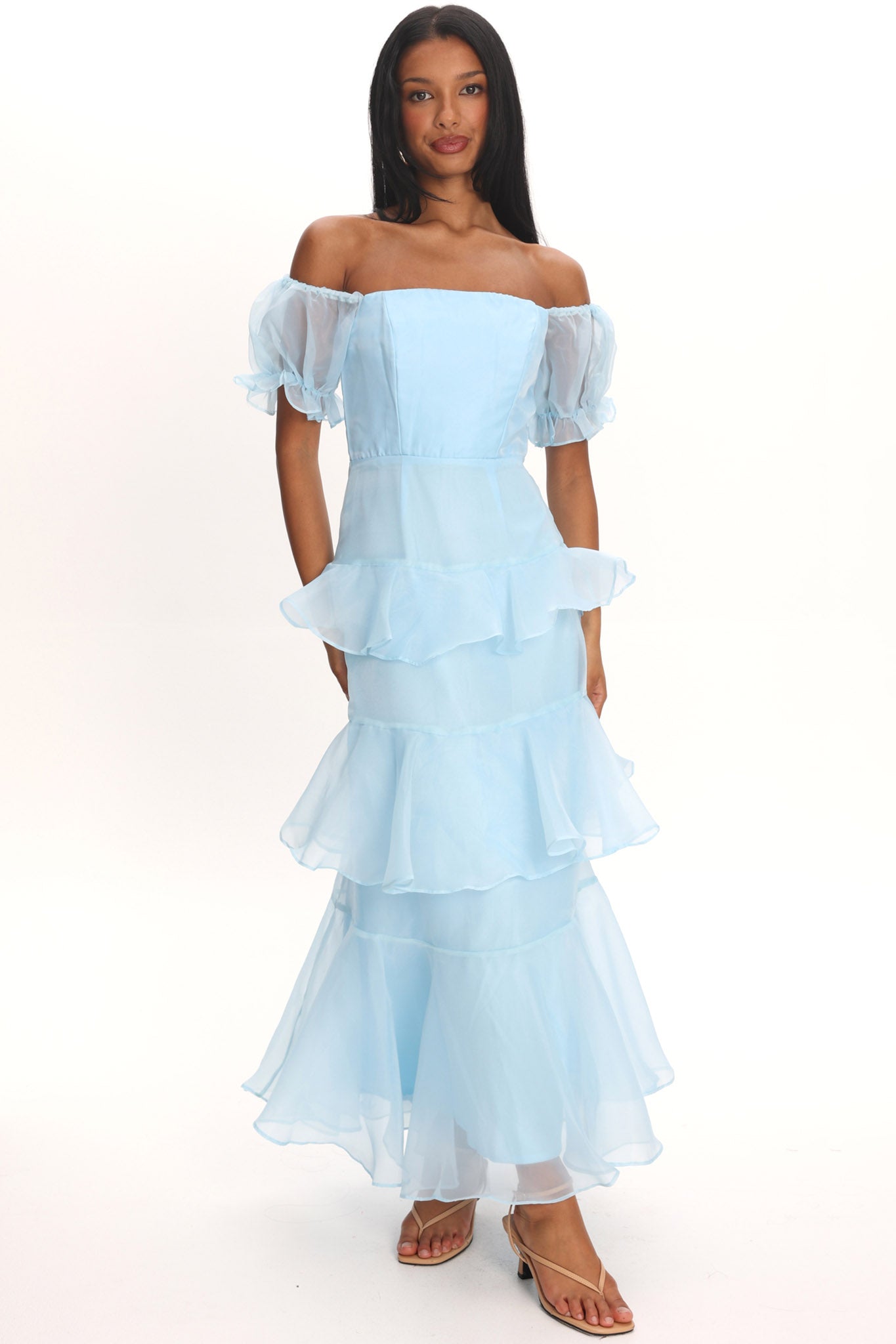Delwynn Puff Sleeve Layered Midi Dress Blue | Selfie Leslie