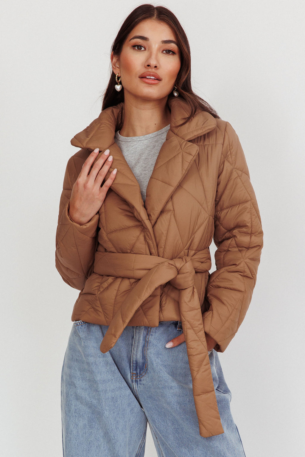 Kiersten Waist Tie Puffer Jacket Mocha by Selfie Leslie