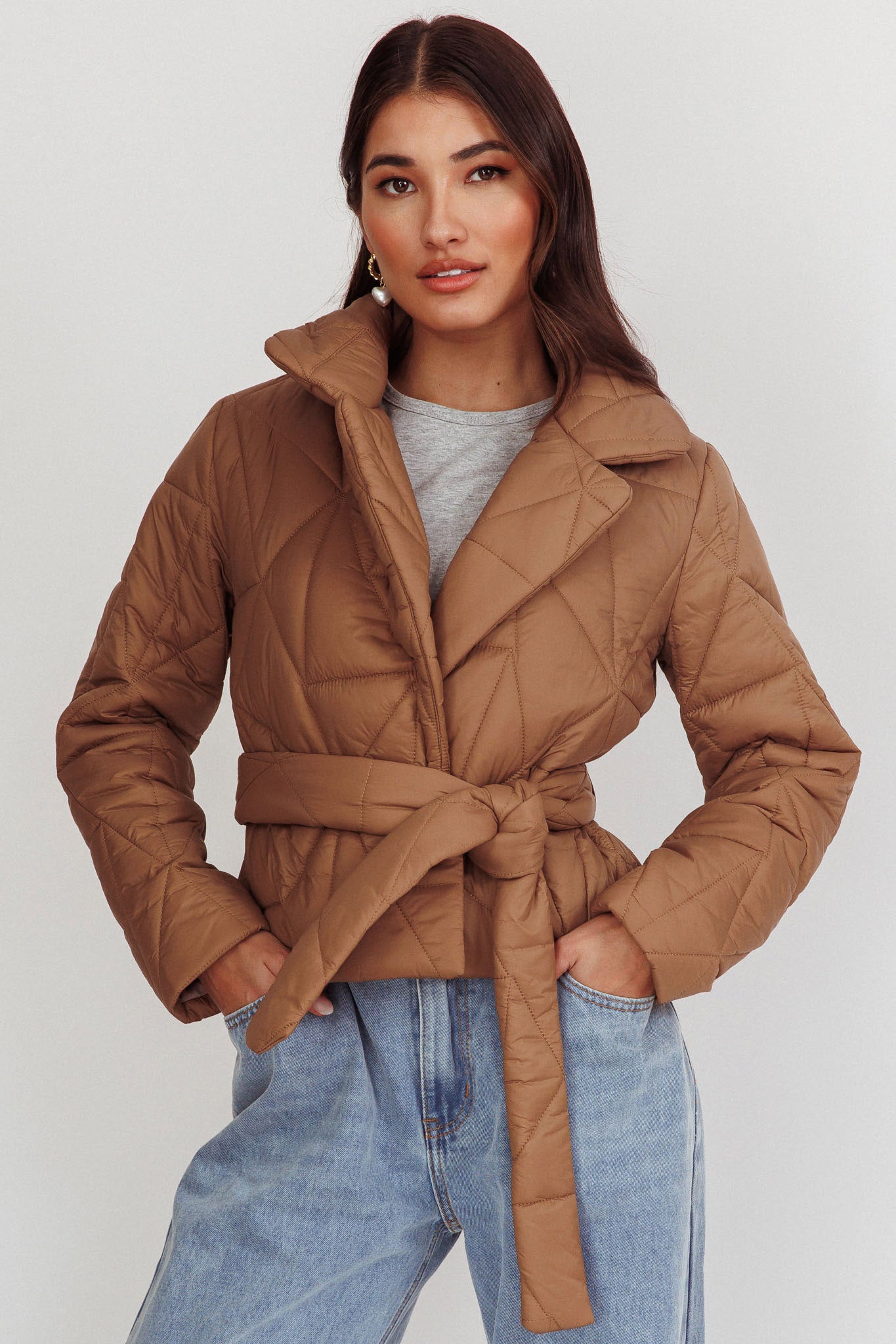Kiersten Waist Tie Puffer Jacket Mocha by Selfie Leslie