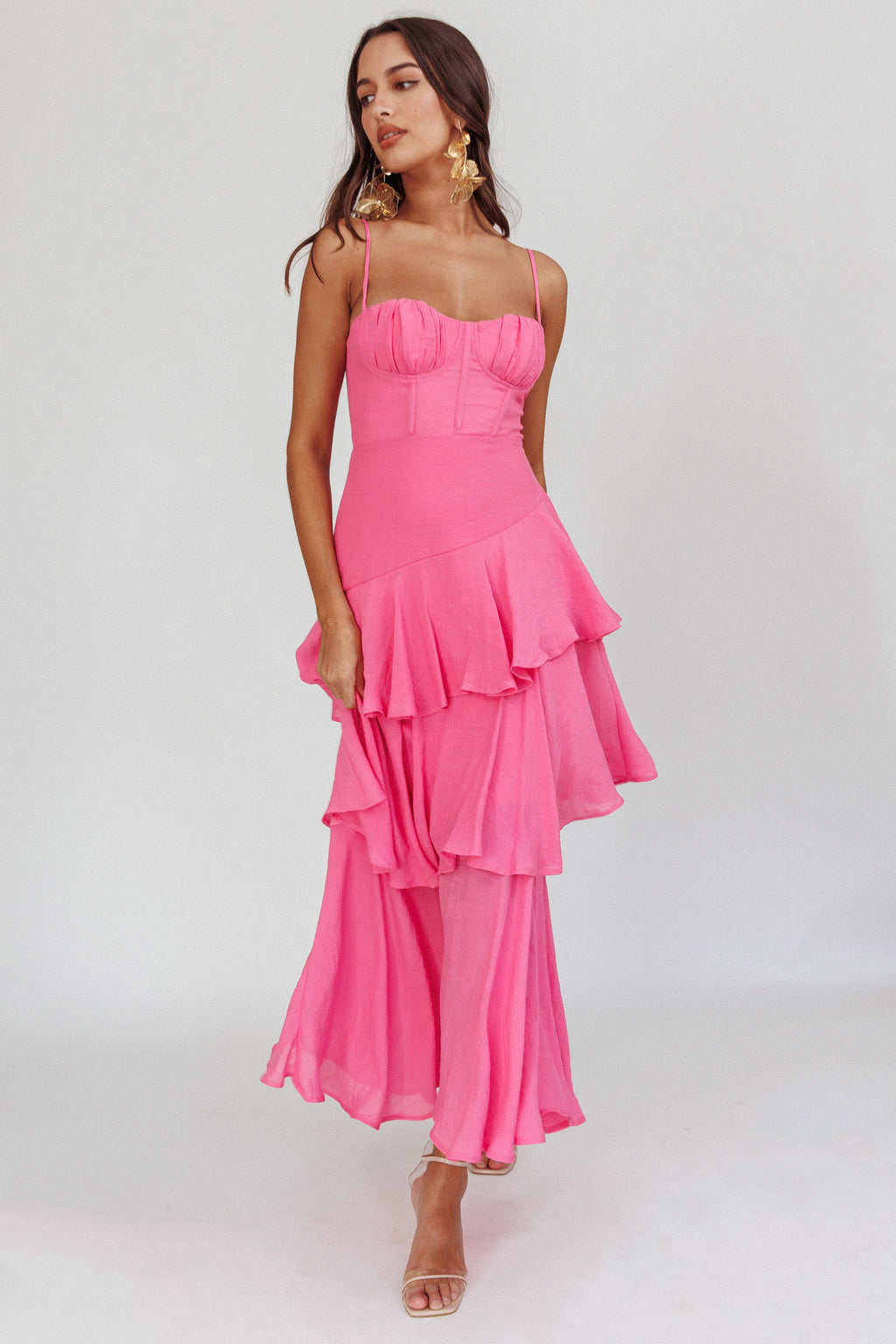 Madrid Summer Tiered Ruffle Maxi Dress Pink by Selfie Leslie