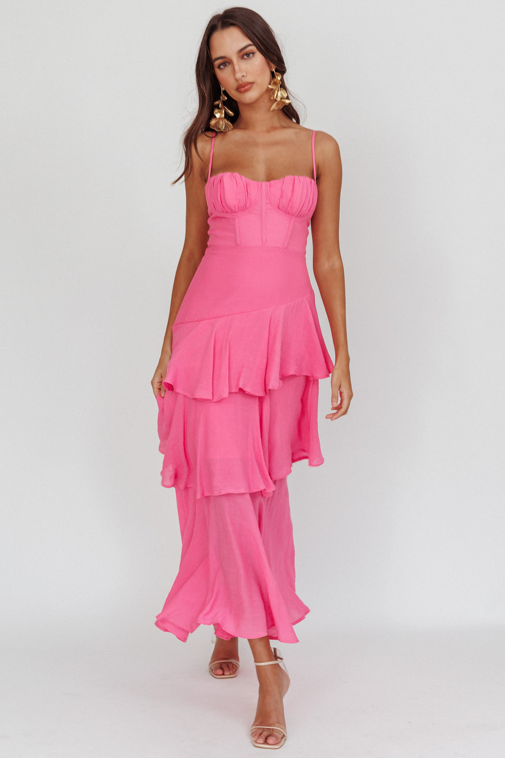 Madrid Summer Tiered Ruffle Maxi Dress Pink by Selfie Leslie