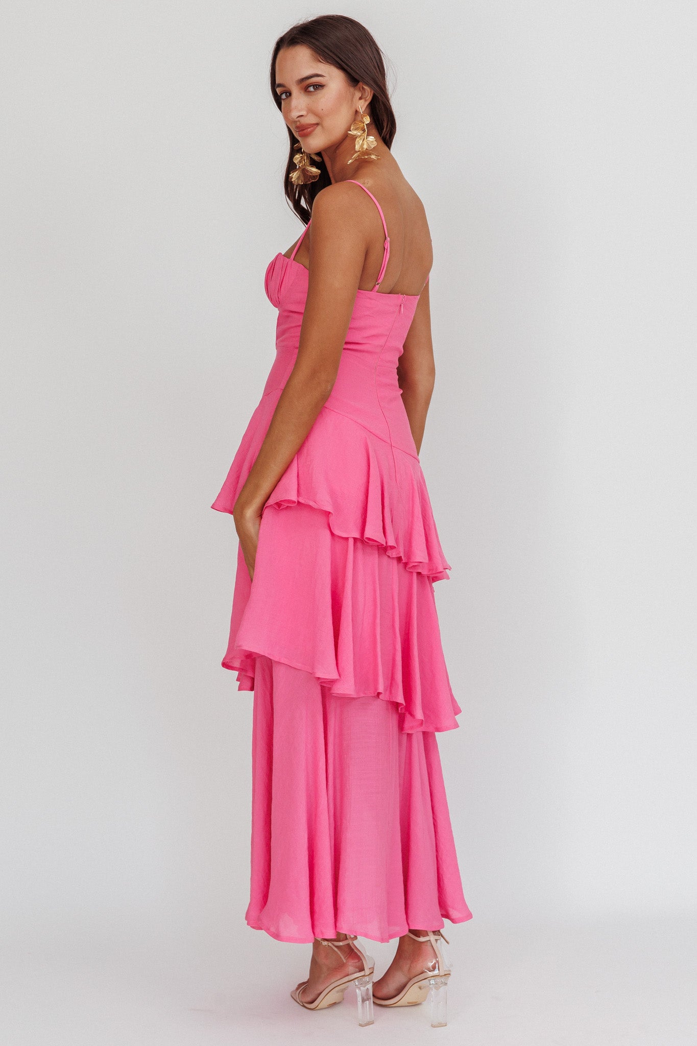 Madrid Summer Tiered Ruffle Maxi Dress Pink by Selfie Leslie