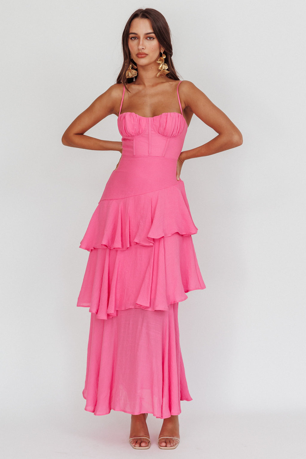Madrid Summer Tiered Ruffle Maxi Dress Pink by Selfie Leslie