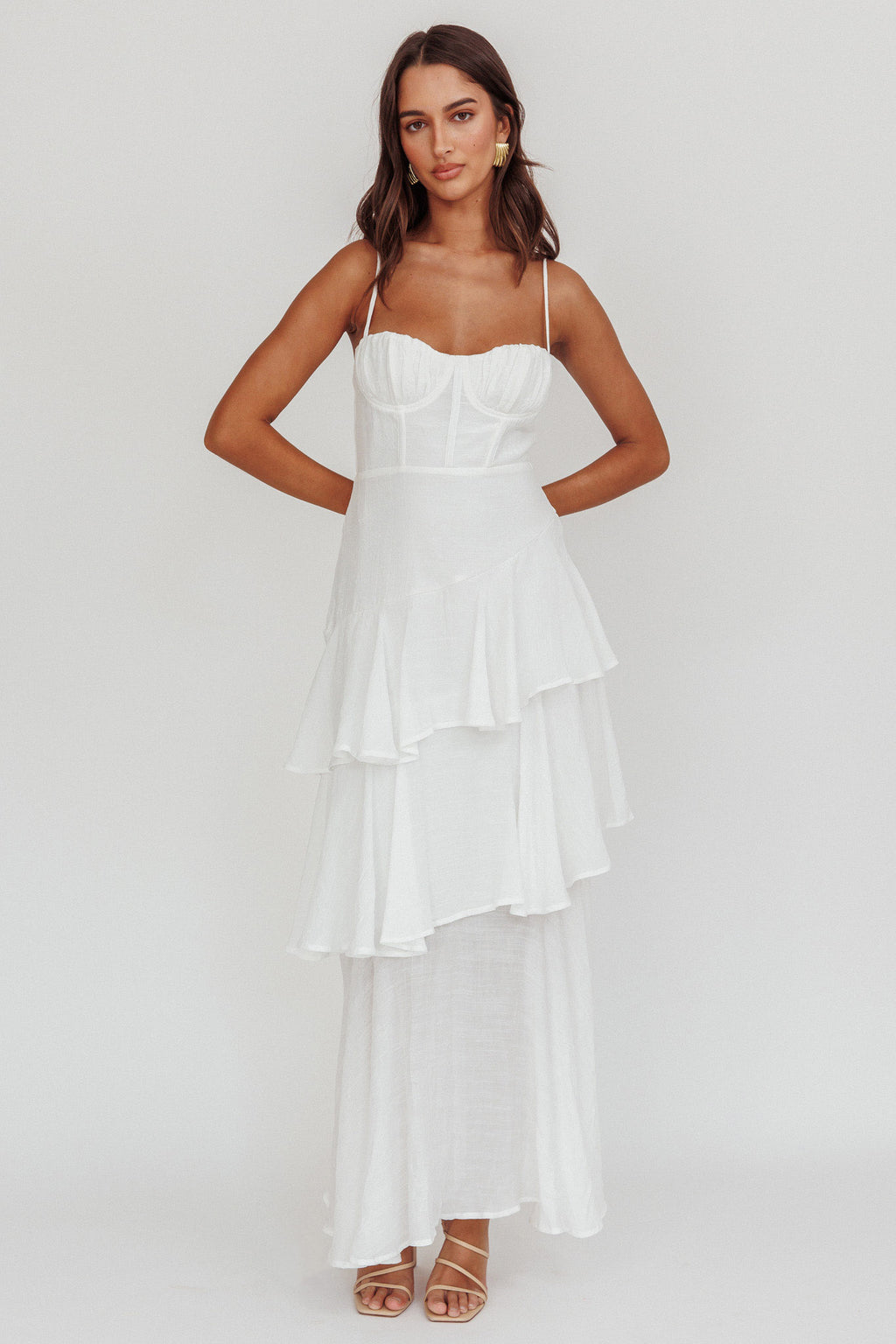 Madrid Tiered Ruffle Maxi Dress White by Selfie Leslie