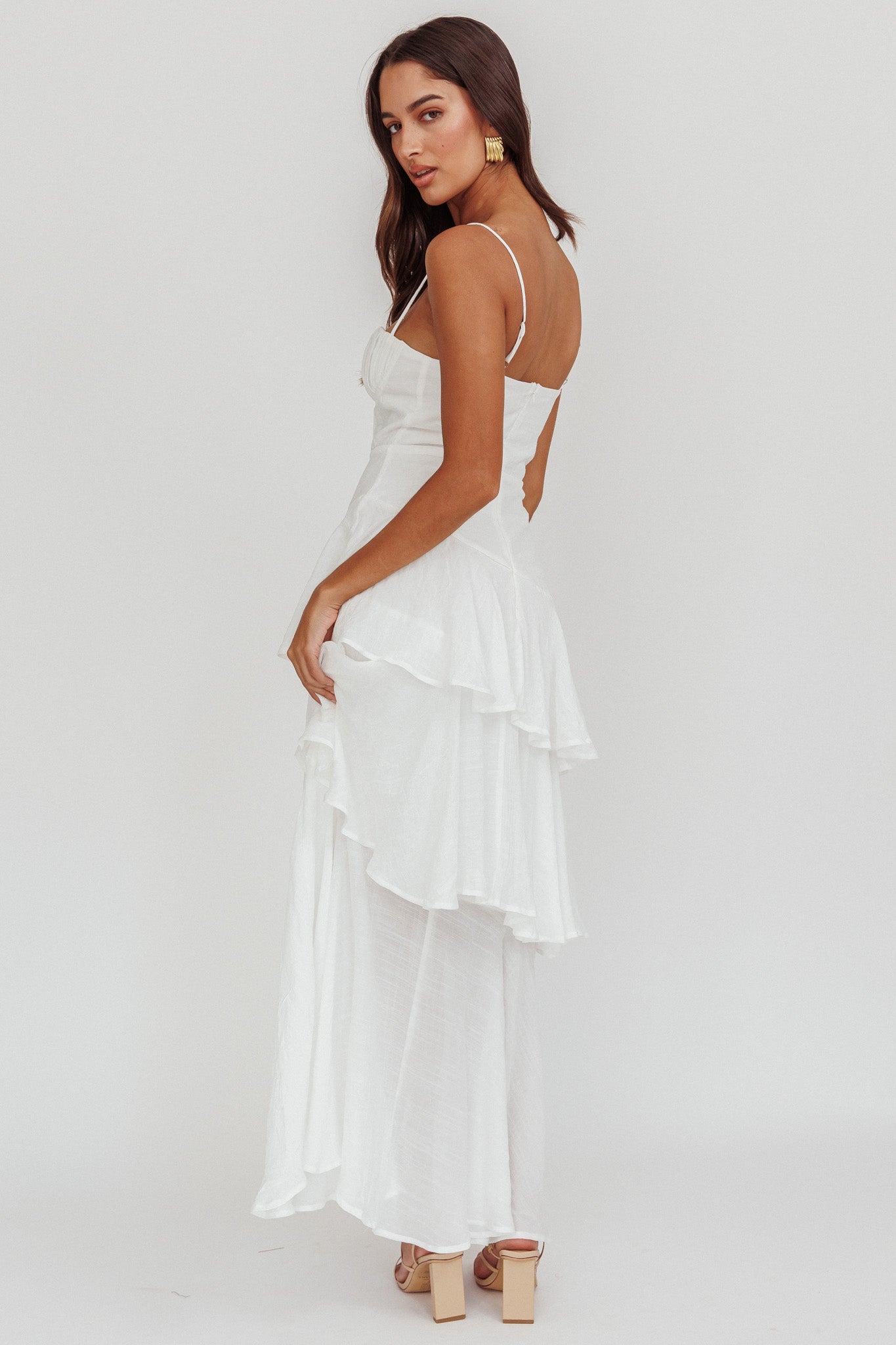 Madrid Tiered Ruffle Maxi Dress White by Selfie Leslie