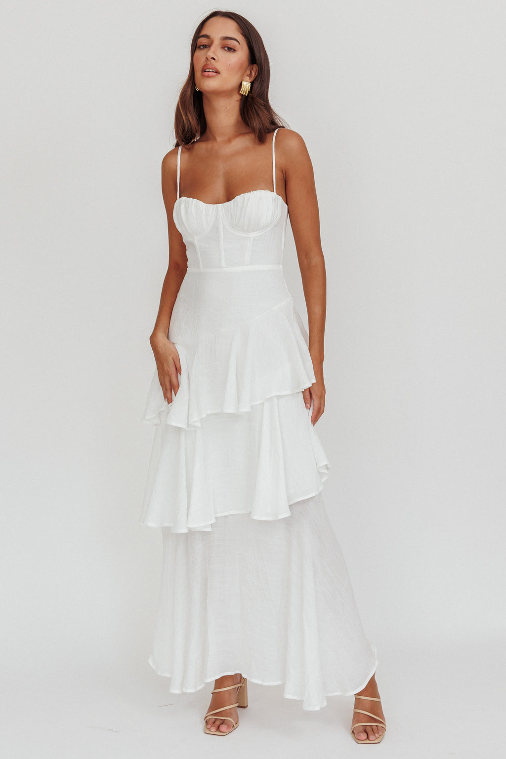 Madrid Tiered Ruffle Maxi Dress White by Selfie Leslie