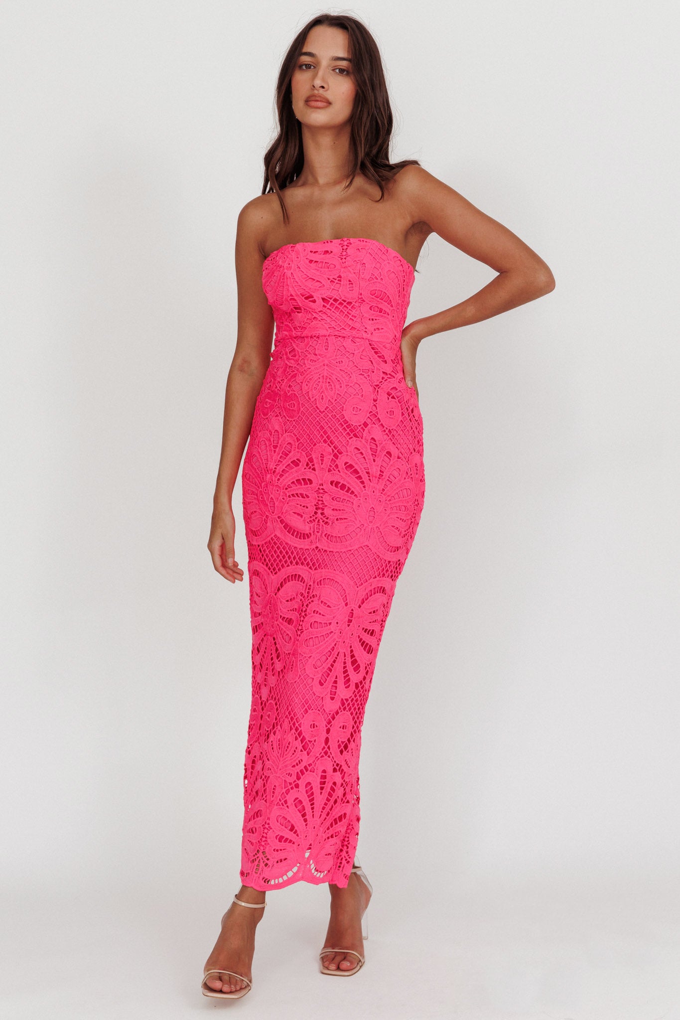 Bia Strapless Lace Embroidered Maxi Dress Hot Pink by Selfie Leslie