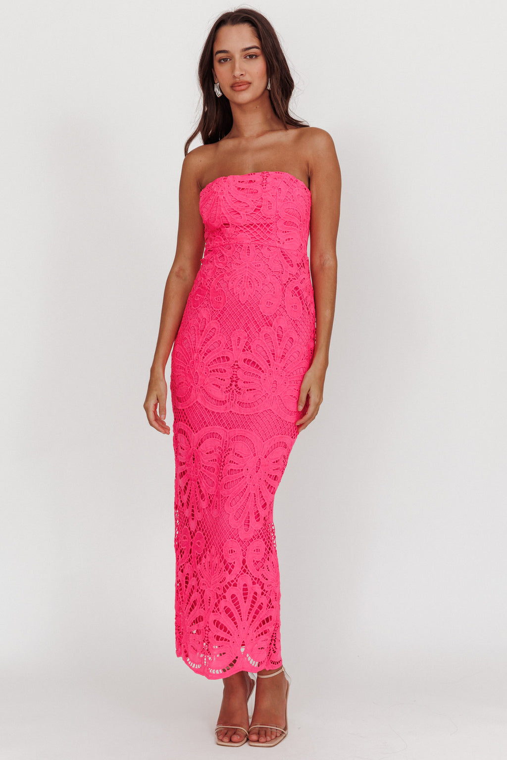 Bia Strapless Lace Embroidered Maxi Dress Hot Pink by Selfie Leslie