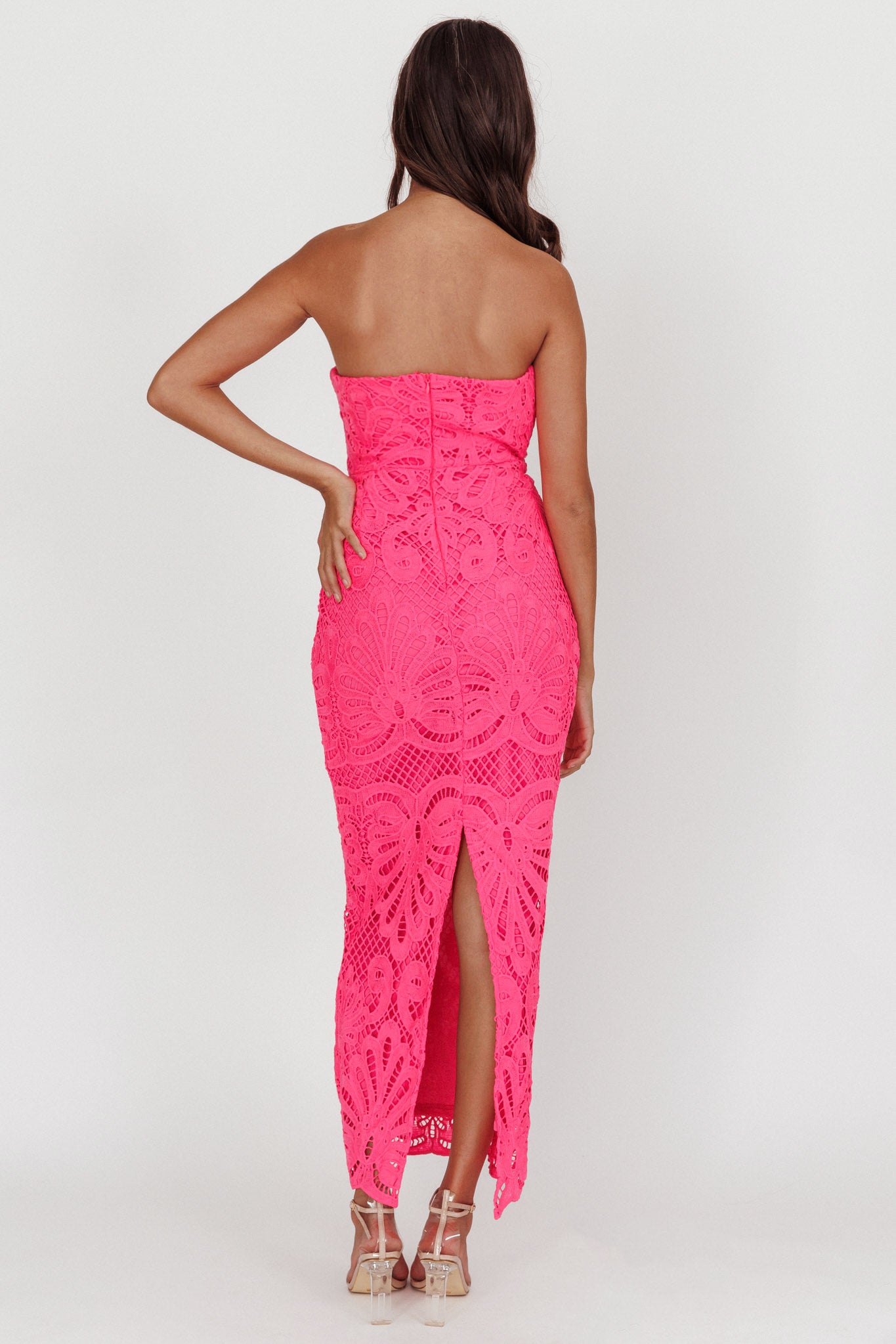 Bia Strapless Lace Embroidered Maxi Dress Hot Pink by Selfie Leslie