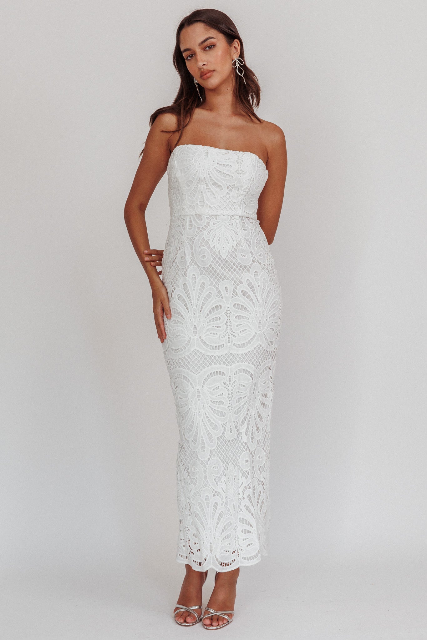 Bia Strapless Lace Embroidered Maxi Dress White by Selfie Leslie