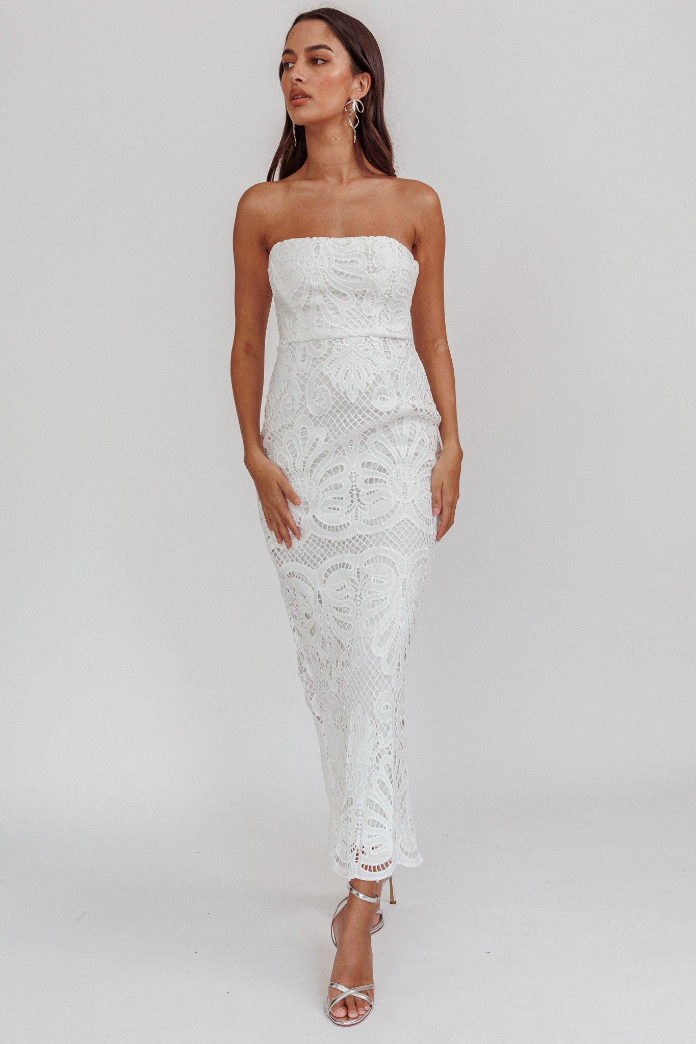 Shop the Bia Strapless Lace Embroidered Maxi Dress White