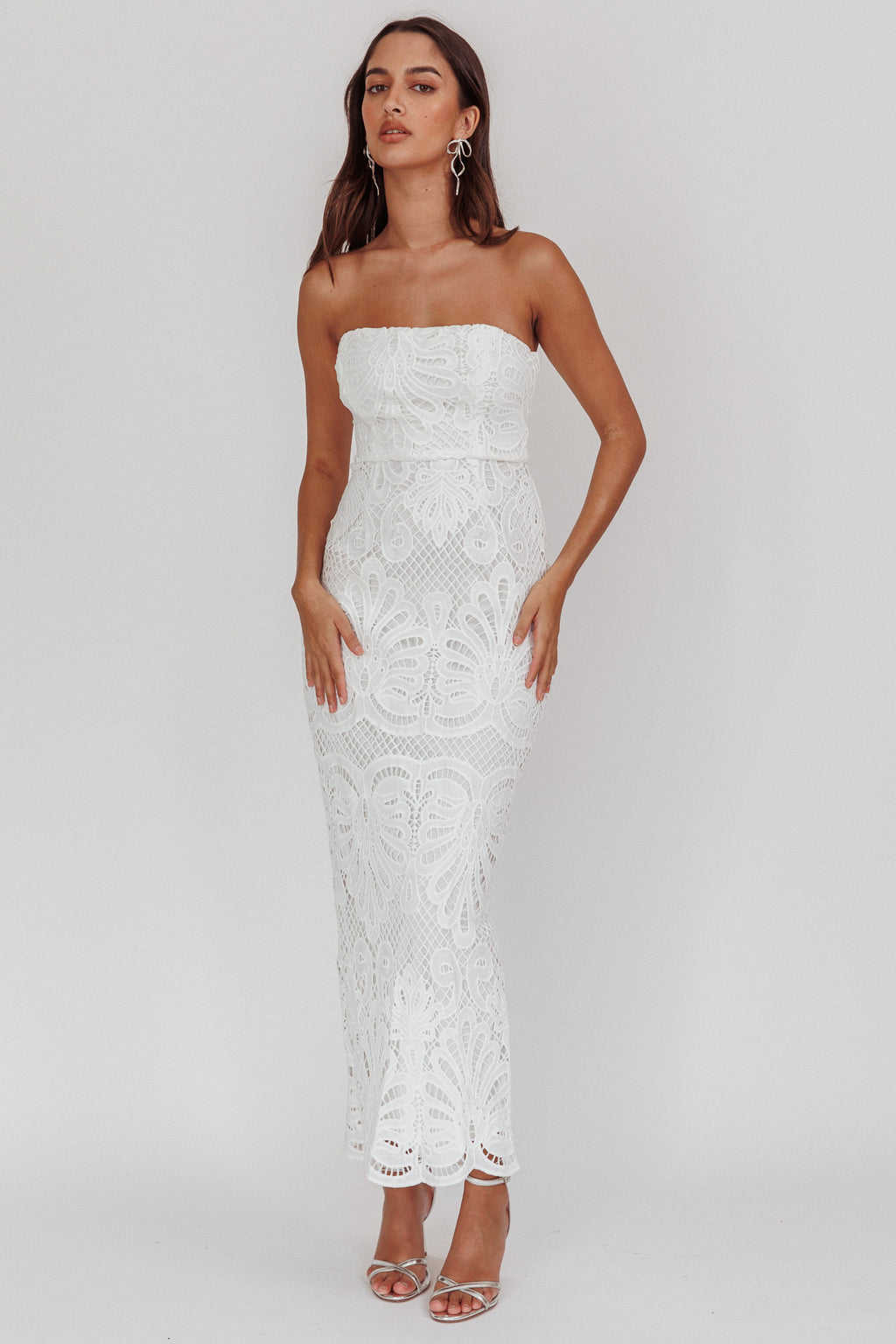 Bia Strapless Lace Embroidered Maxi Dress White by Selfie Leslie