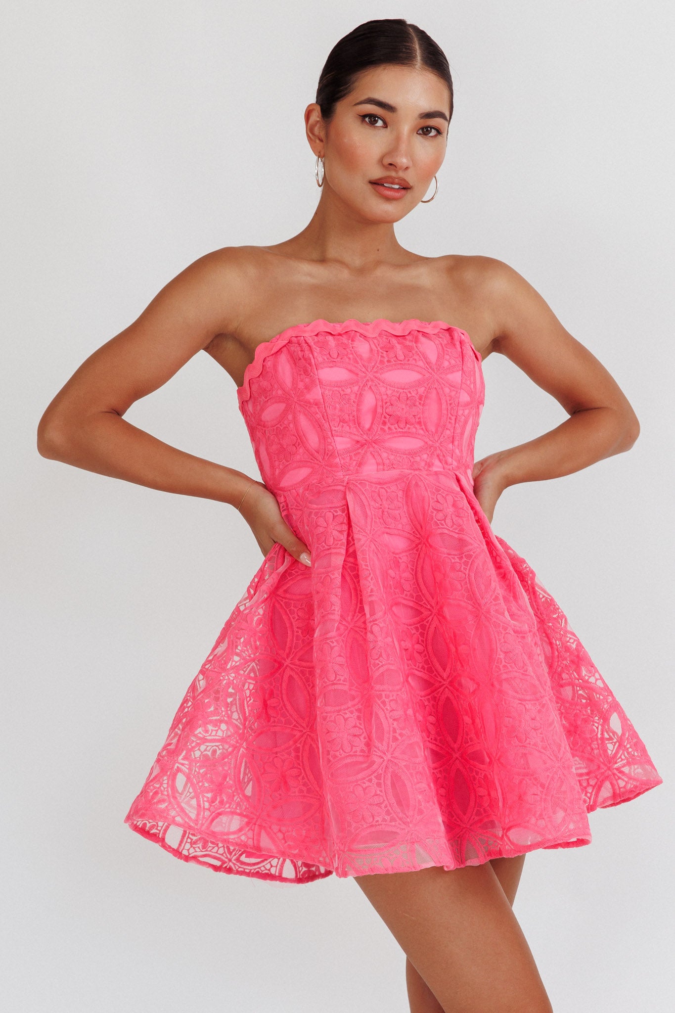 Kesenia Strapless Embroidered Mini Dress Hot Pink by Selfie Leslie
