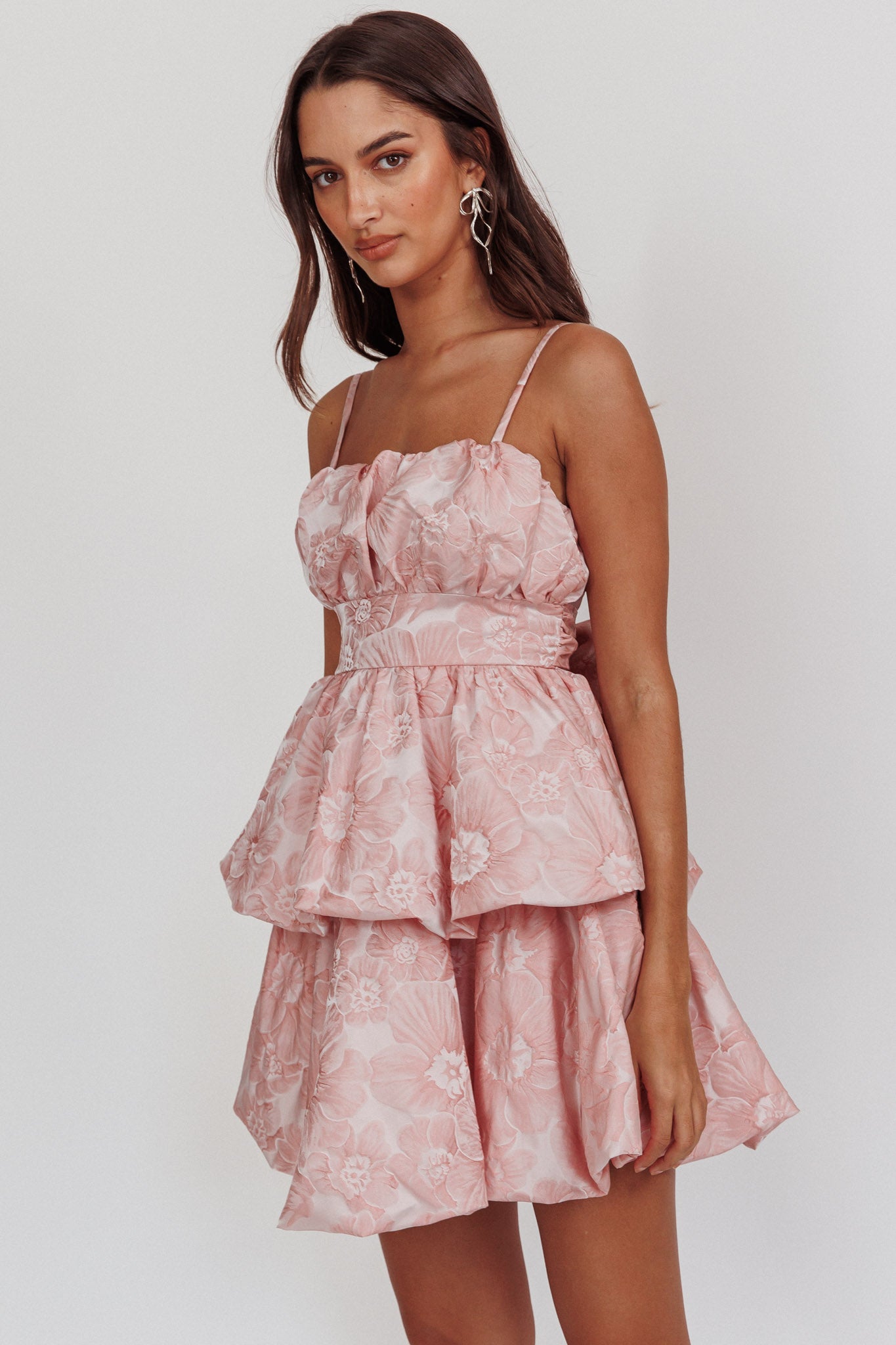 Zilara Bubble Hem Bow Dress Jacquard Pink by Selfie Leslie