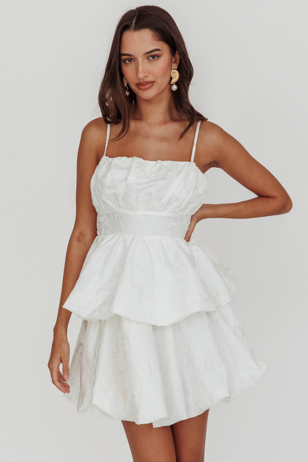 Zilara Bubble Hem Bow Mini Dress Jacquard White by Selfie Leslie