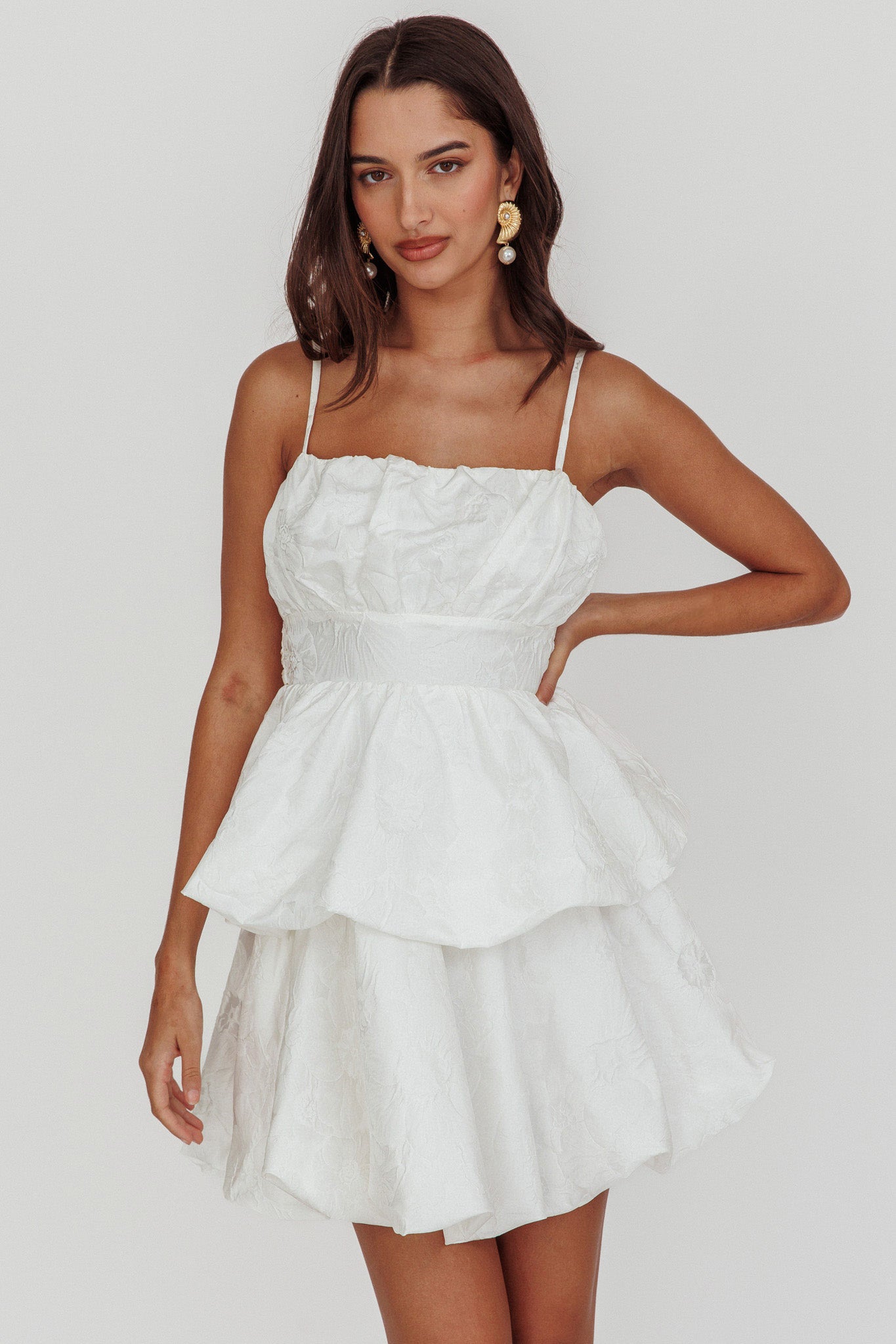 Zilara Bubble Hem Bow Mini Dress Jacquard White by Selfie Leslie