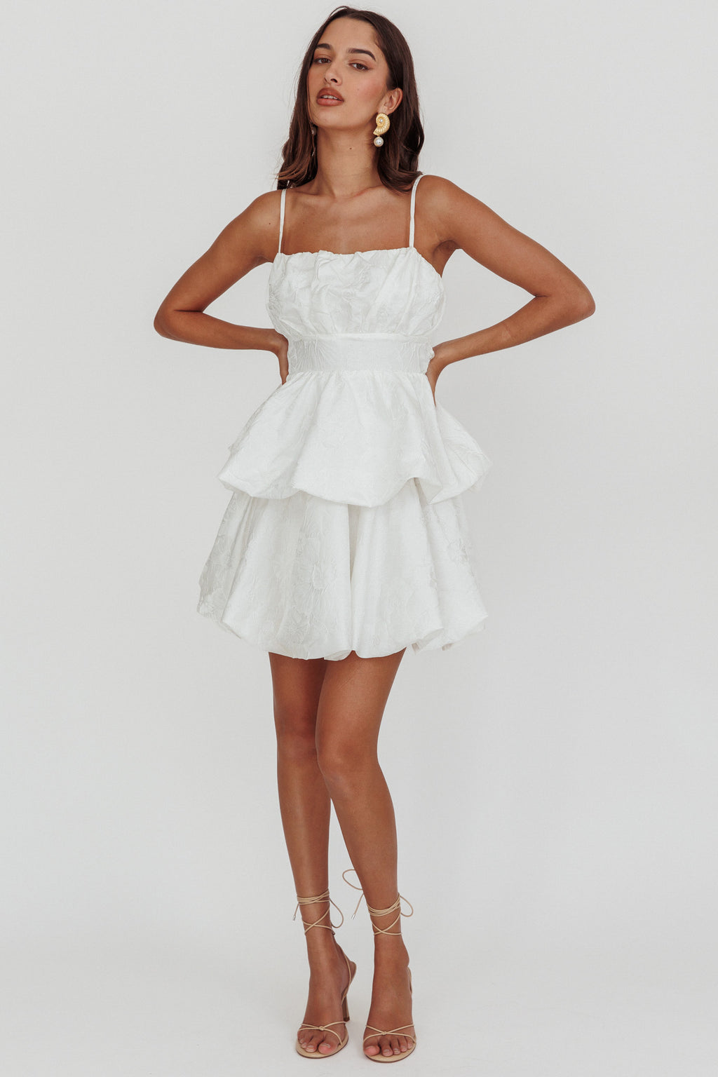 Zilara Bubble Hem Bow Mini Dress Jacquard White by Selfie Leslie