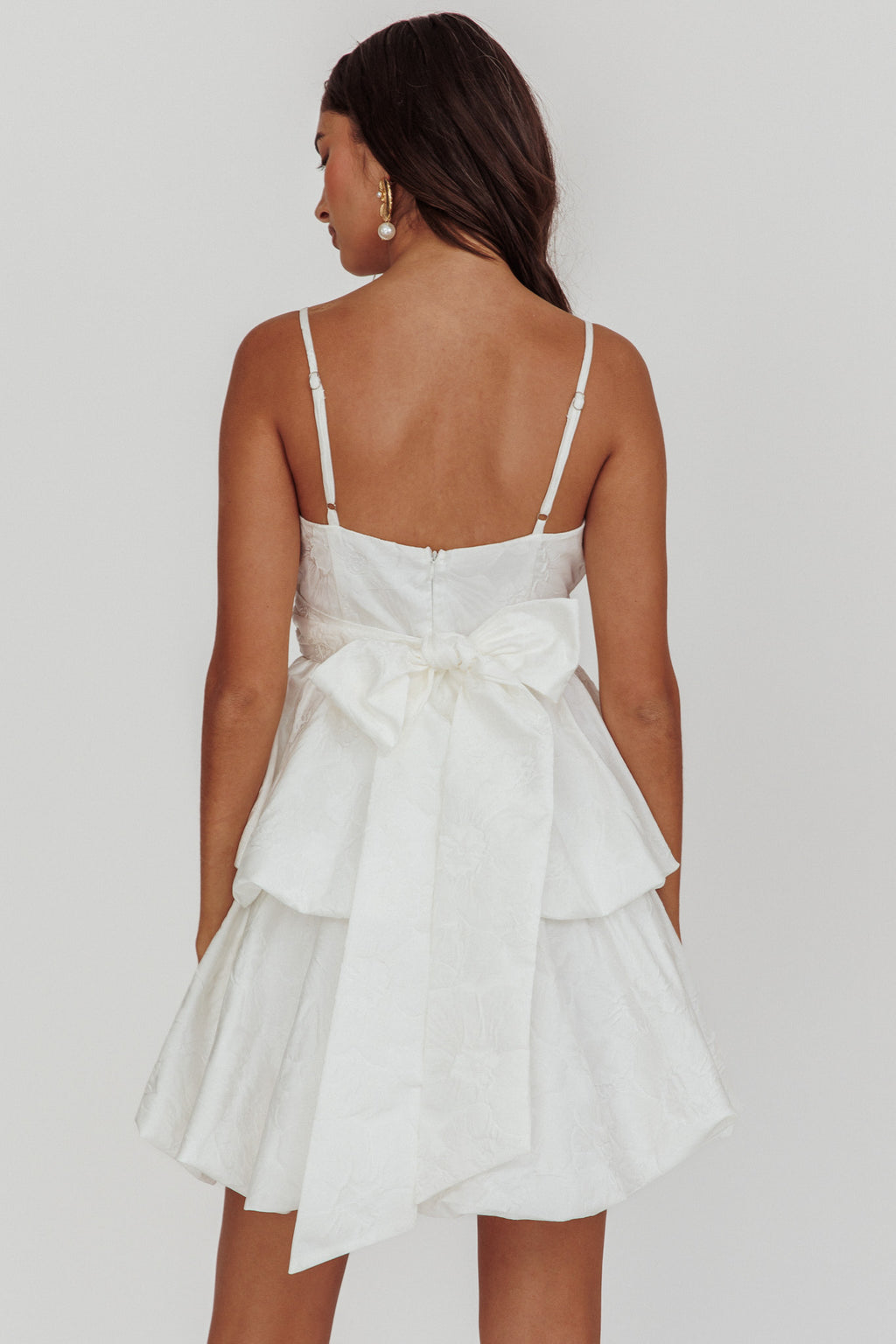 Zilara Bubble Hem Bow Mini Dress Jacquard White by Selfie Leslie