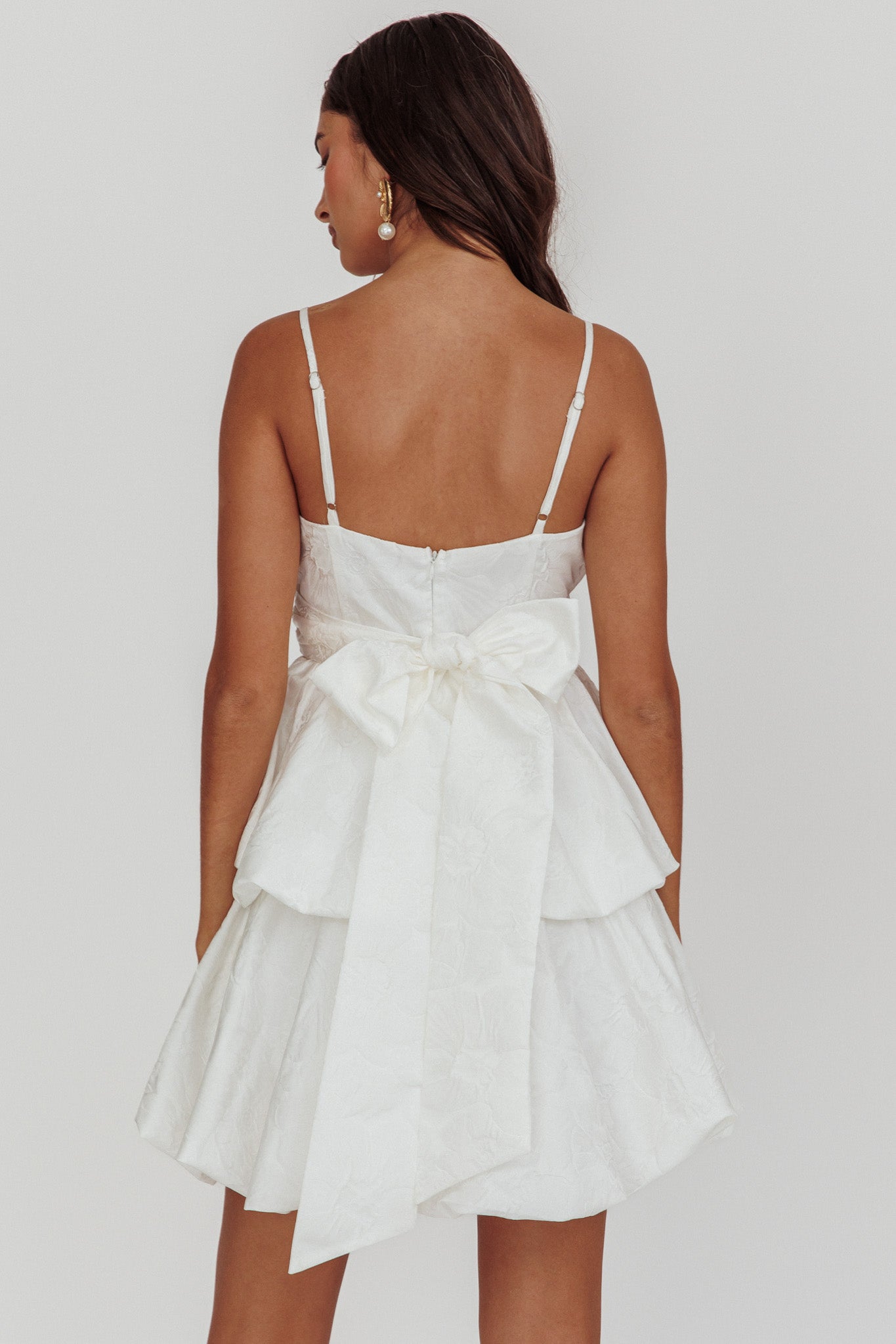 Zilara Bubble Hem Bow Mini Dress Jacquard White by Selfie Leslie
