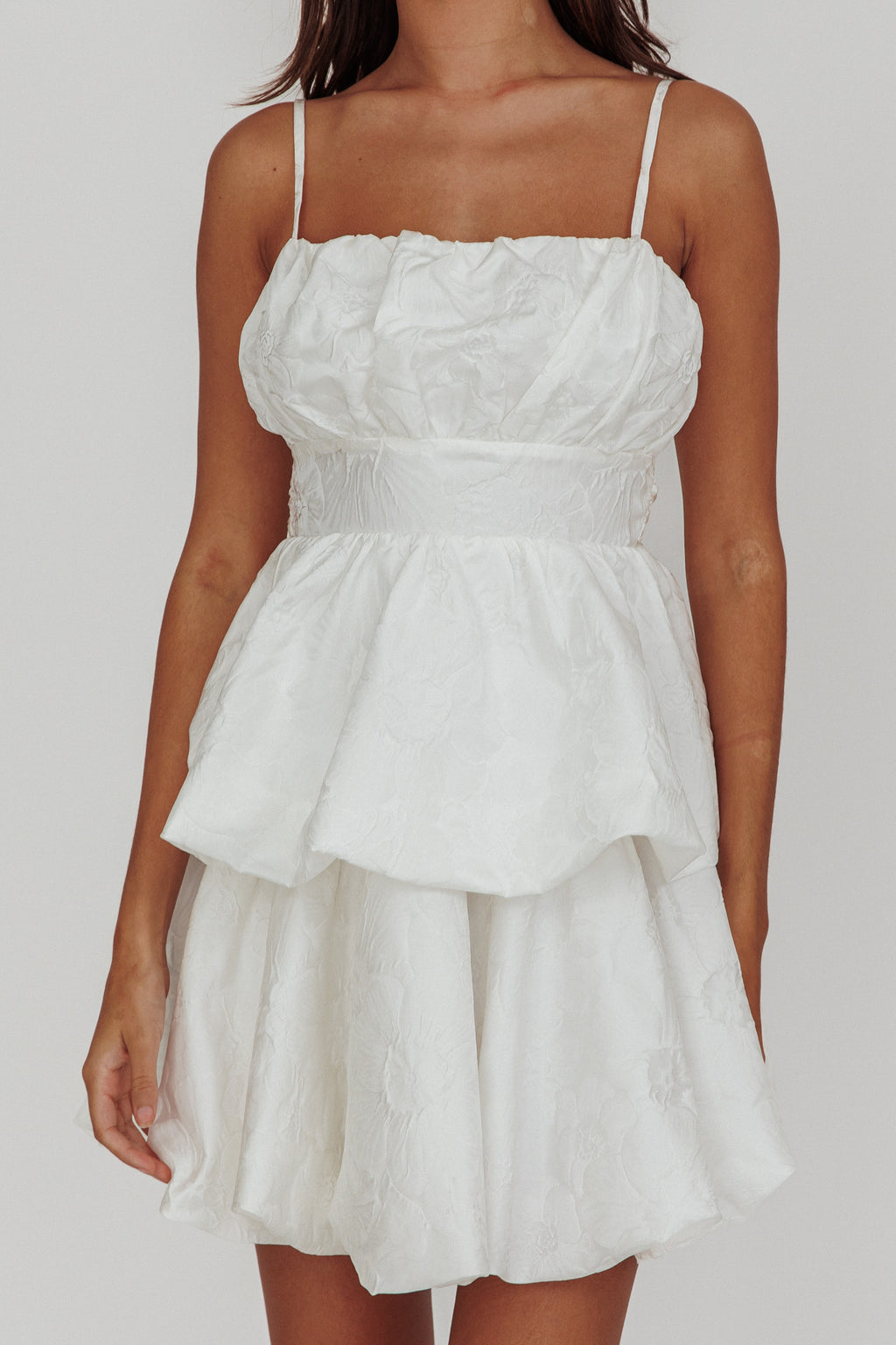Zilara Bubble Hem Bow Mini Dress Jacquard White by Selfie Leslie