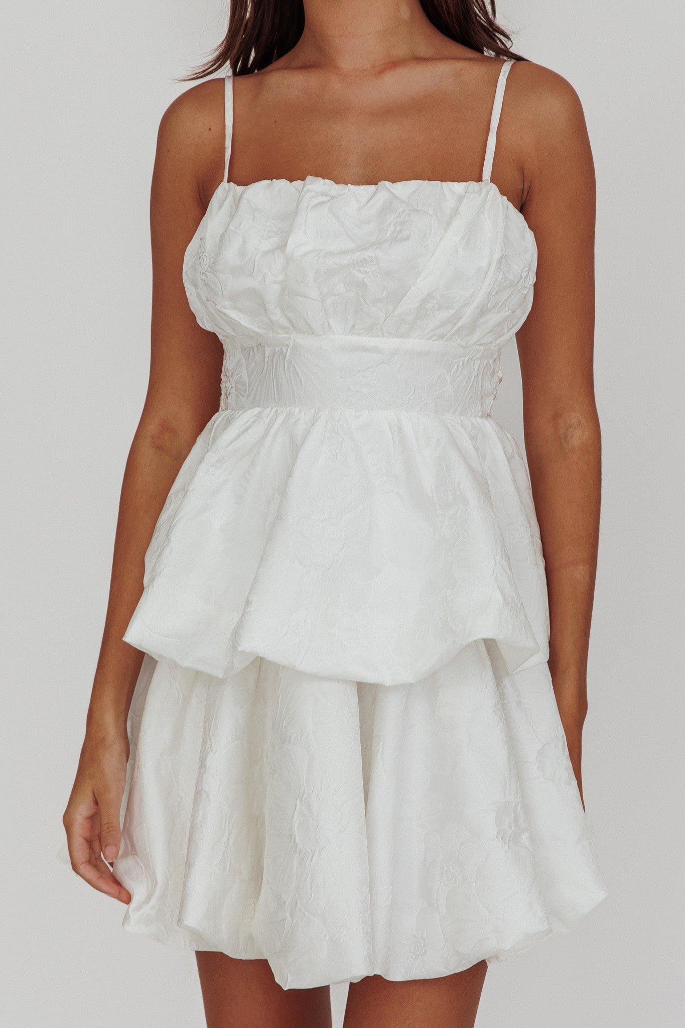 Zilara Bubble Hem Bow Mini Dress Jacquard White by Selfie Leslie