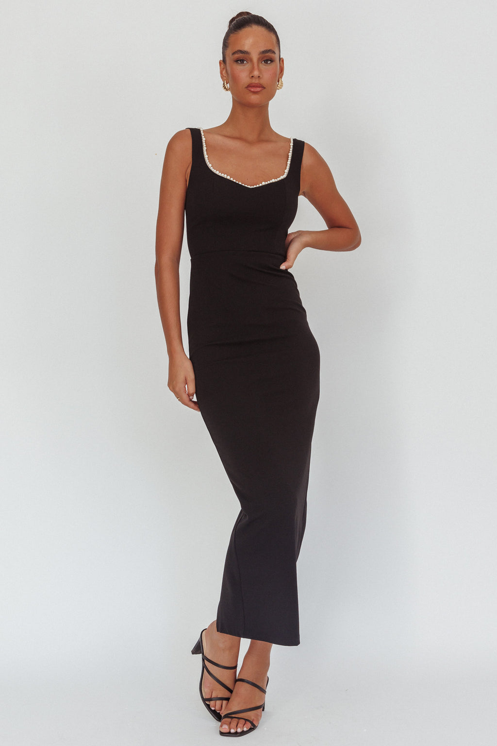 This Magic Moment Pearl Trim Maxi Dress Black by Selfie Leslie