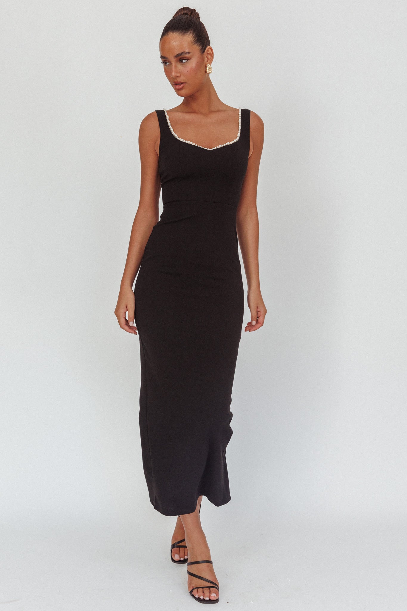 This Magic Moment Pearl Trim Maxi Dress Black by Selfie Leslie