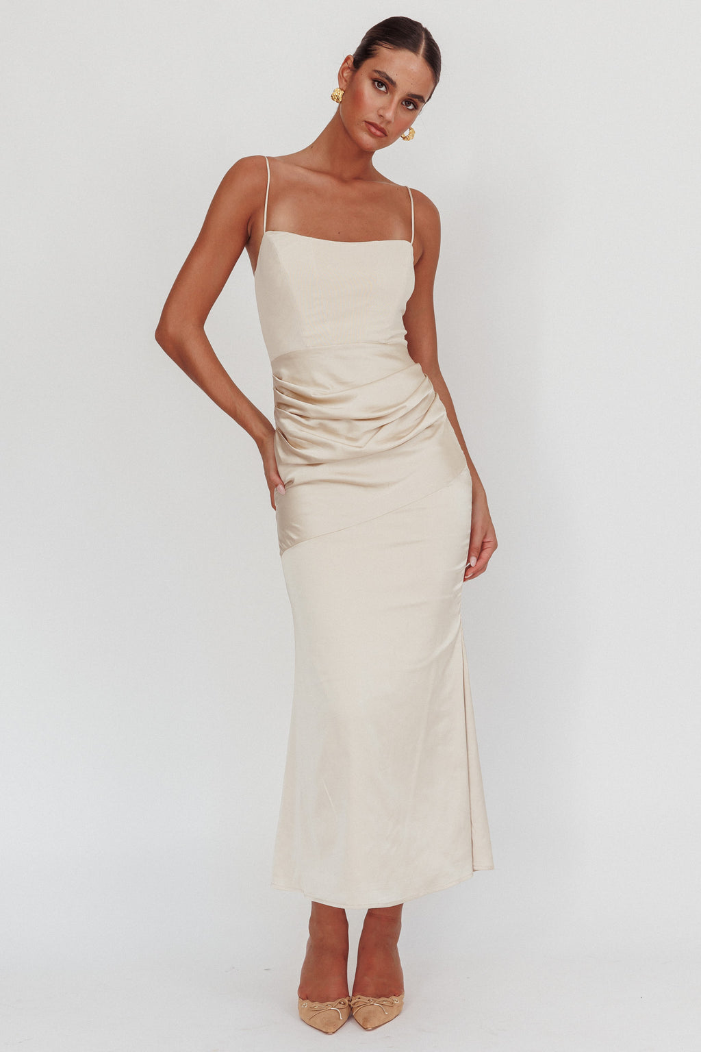 white christmas dresses Morella Draped Waist Maxi Dress Champagne– Selfie Leslie