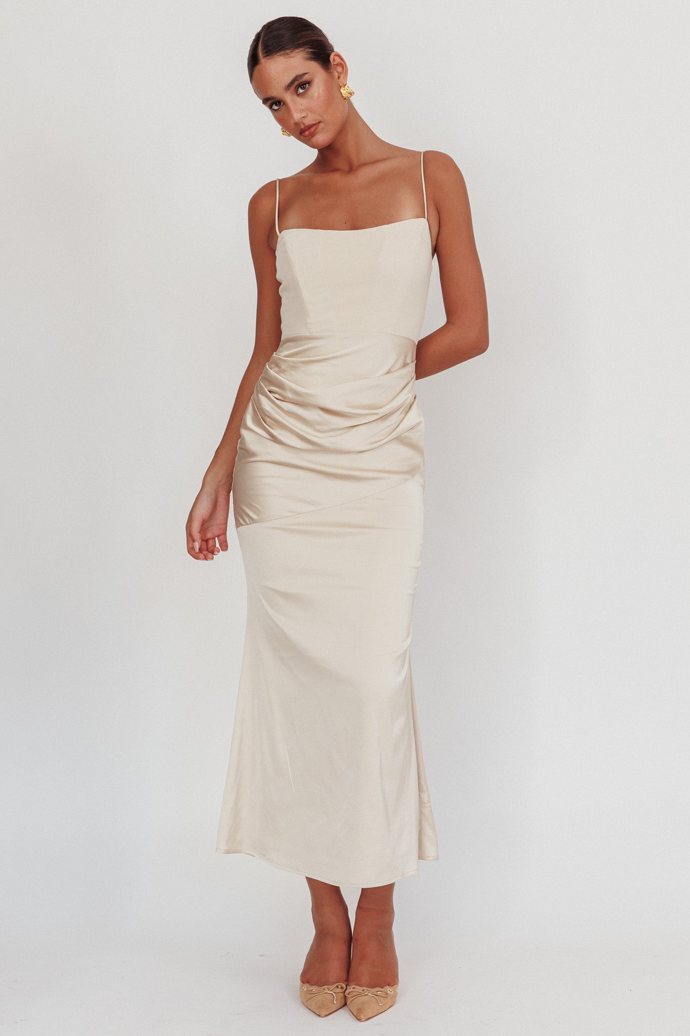 Morella Draped Waist Maxi Dress Champagne by Selfie Leslie