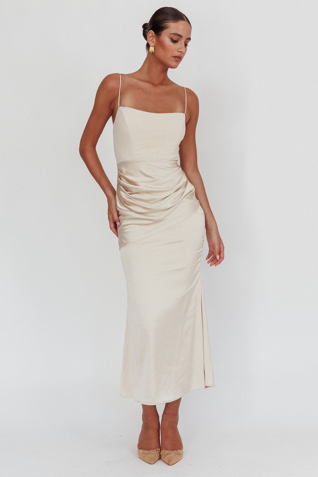 Morella Draped Waist Maxi Dress Champagne Selfie Leslie Morella Draped Waist Maxi Dress Champagne Selfie Leslie