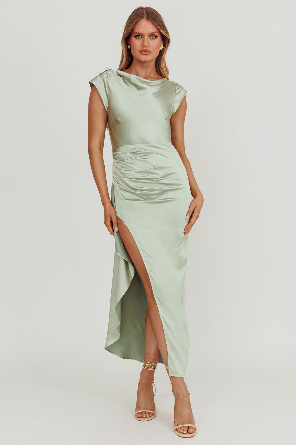 Grecian Cap Sleeve Cowl Back Dress Sage Selfie Leslie Grecian Cap Sleeve Cowl Back Dress Sage Selfie Leslie