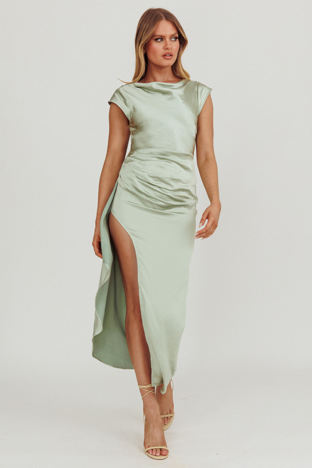 Grecian Cap Sleeve Cowl Back Dress Sage by Selfie Leslie