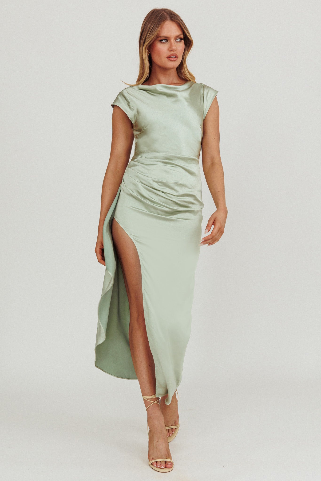Grecian Cap Sleeve Cowl Back Dress Sage Selfie Leslie