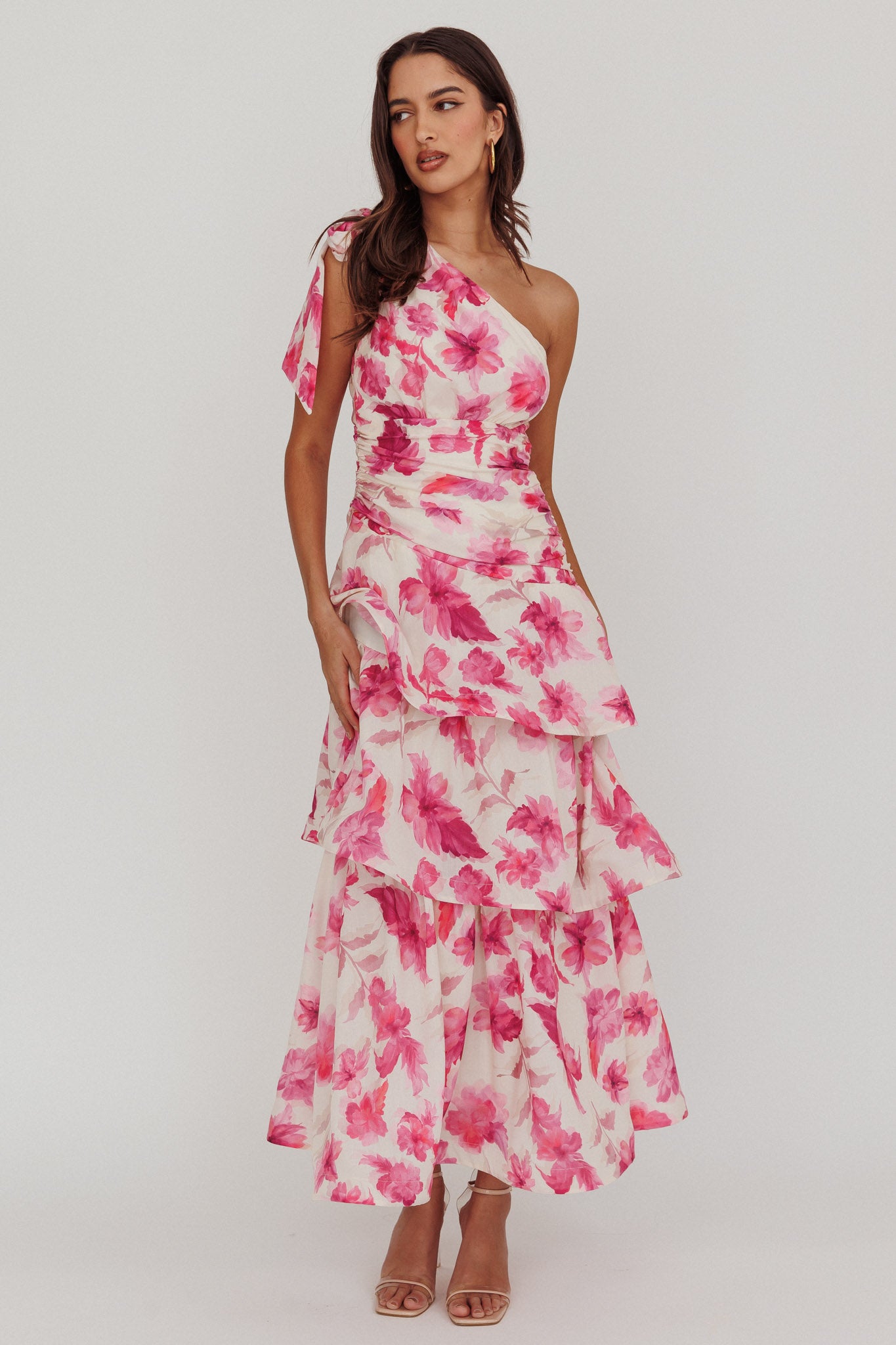 Kenny One Shoulder Tiered Floral Maxi Dress Pink by Selfie Leslie