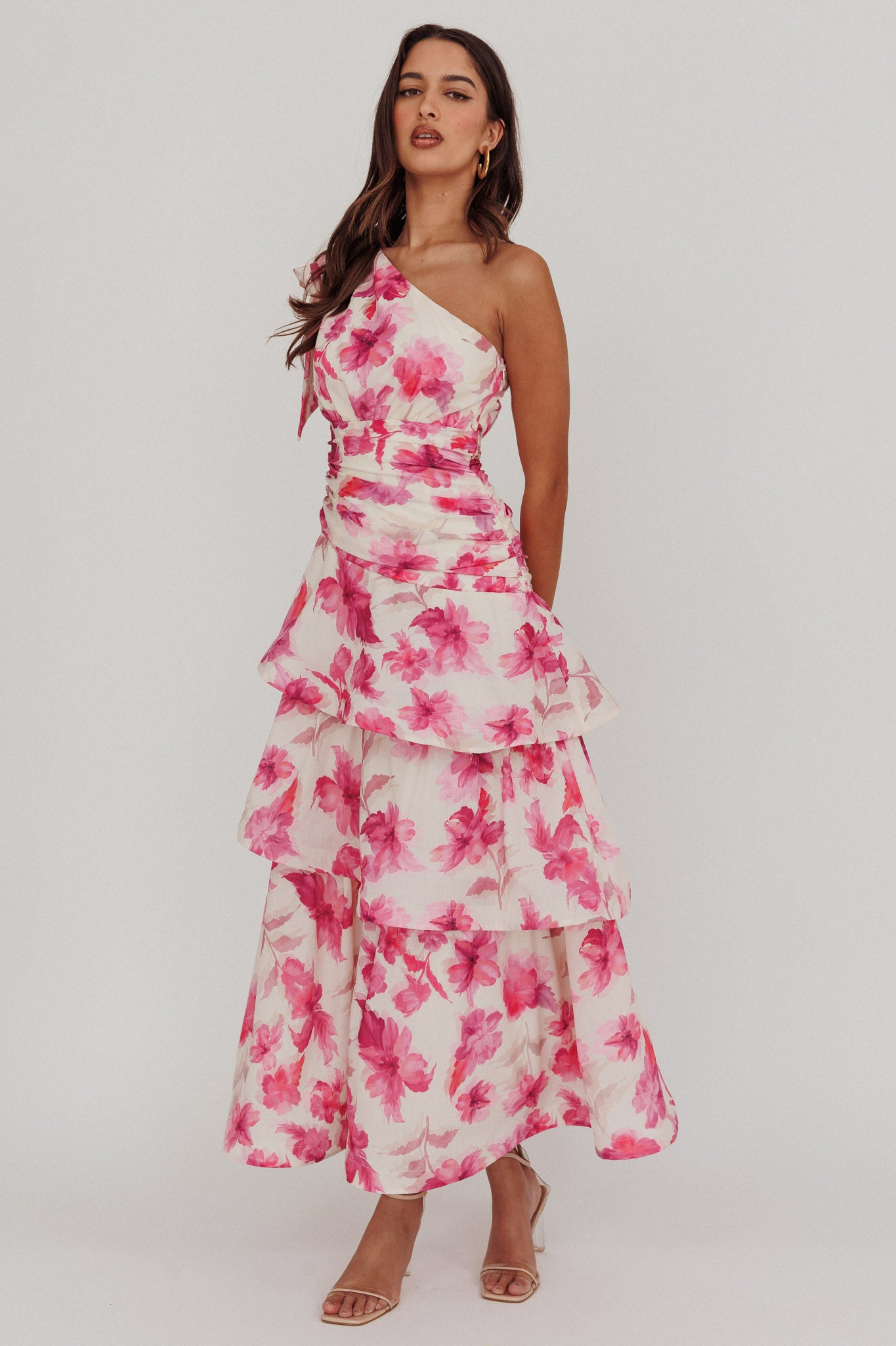 Kenny One Shoulder Tiered Floral Maxi Dress Pink | Selfie Leslie