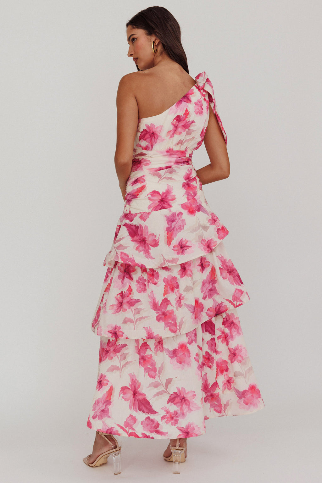 Kenny One Shoulder Tiered Floral Maxi Dress Pink by Selfie Leslie