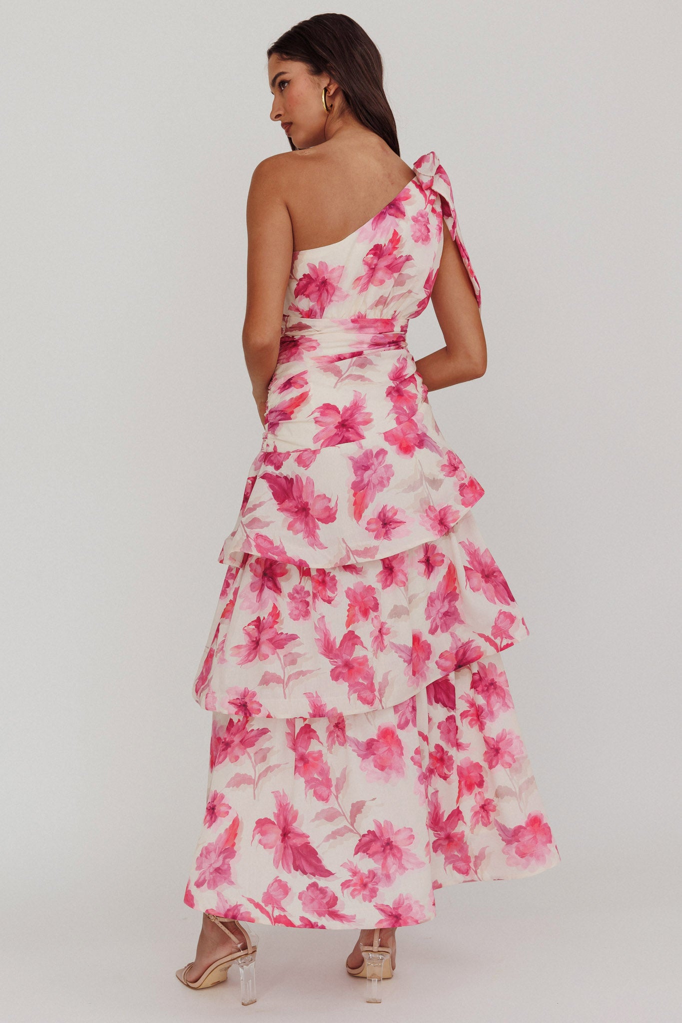 Kenny One Shoulder Tiered Floral Maxi Dress Pink by Selfie Leslie