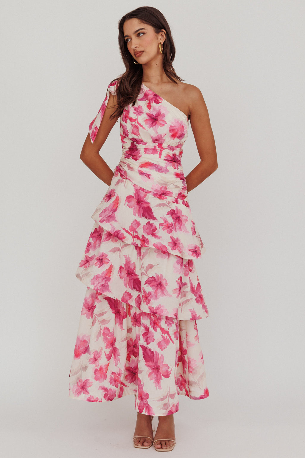 Kenny One Shoulder Tiered Floral Maxi Dress Pink by Selfie Leslie